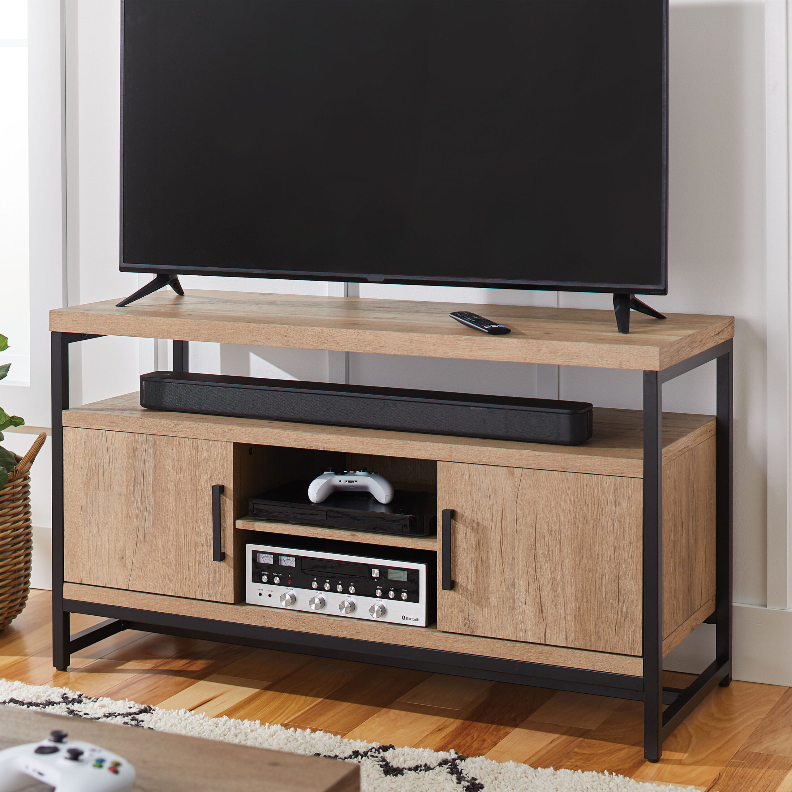 Better Homes & Gardens Jace Industrial Wood Rectangle Media Console for TVs up to 55 in. Natural Oak