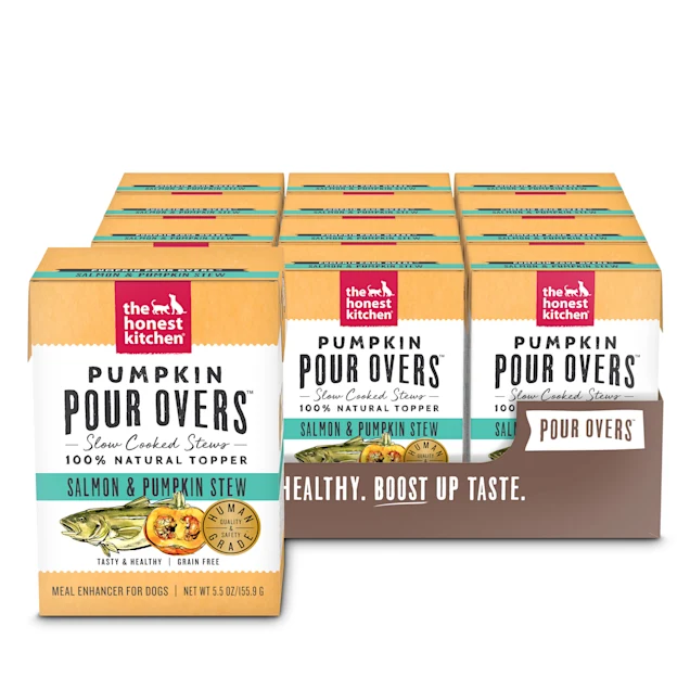 The Honest Kitchen Pumpkin Pour Overs: Salmon & Pumpkin Stew Wet Dog Food Topper. 5.5 oz.. Case of 12