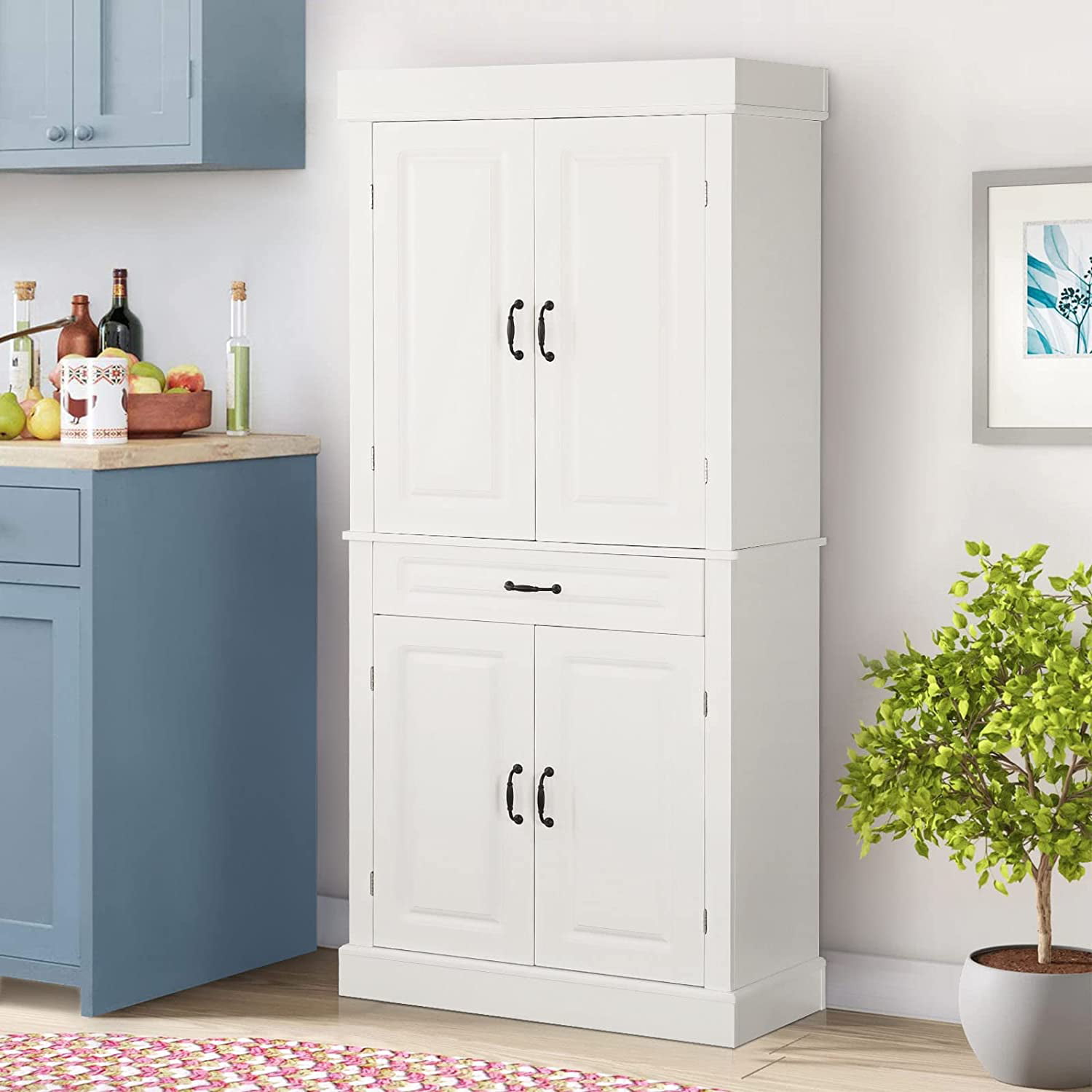 Yoleny 71” Freestanding Kitchen Pantry Cabinet. Tall Storage Cabinet with Drawer and Adjustable Shelves. 2-Door Floor Cupboard for Kitchen Bathroom Study Hallway. White