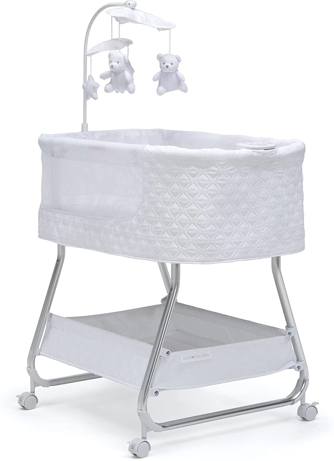 Delta Children Nod Bassinet - Smart Sleeper with Auto Glide Motion. Wi-Fi and Airflow Mesh - Compatible with Amazon Alexa. Goggle Assistant and Delta Children Connect App. White