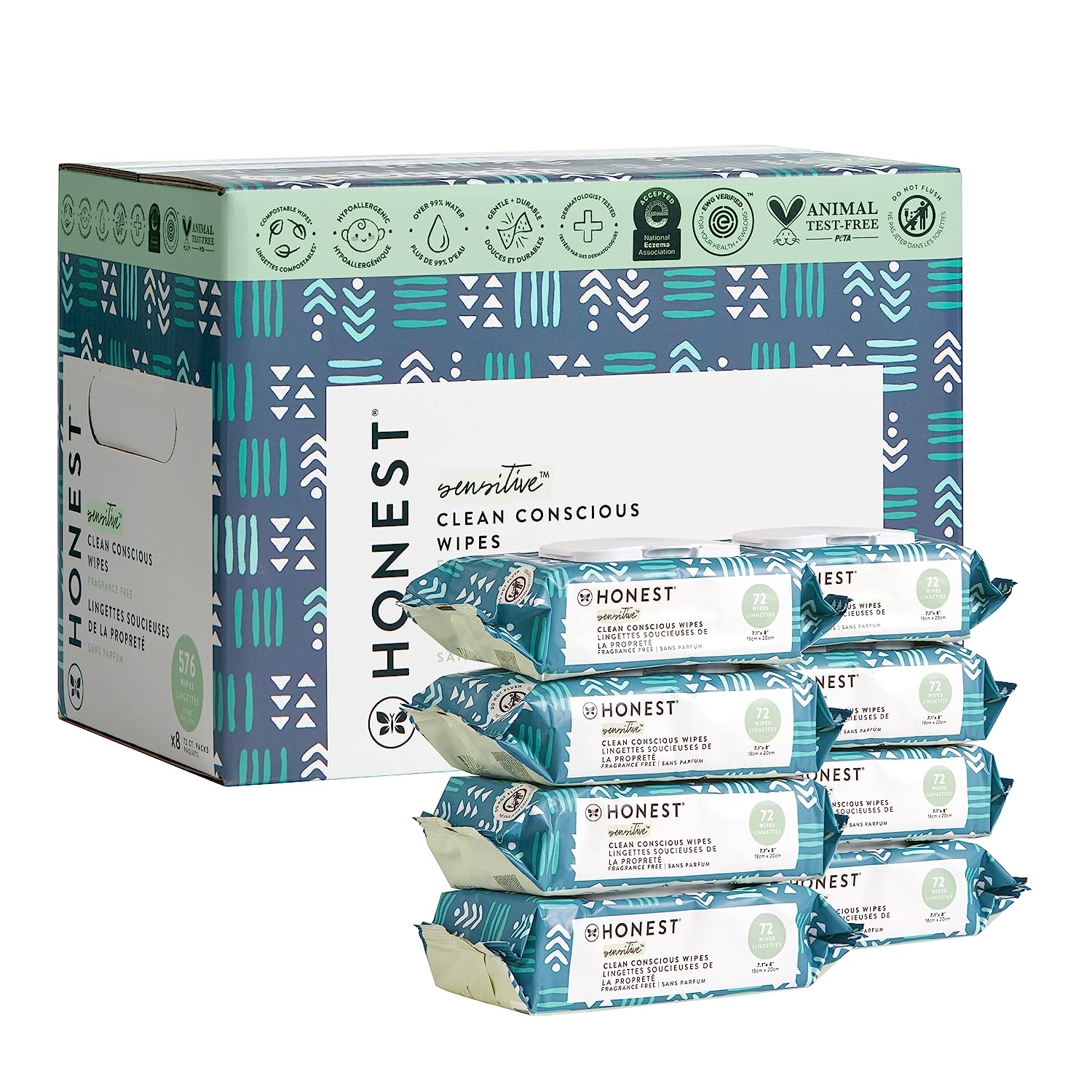 The Honest Company Clean Conscious Wipes | 99% Water. Compostable. Plant-Based. Baby Wipes | Hypoallergenic. EWG Verified | Balance Blues. 576 Count