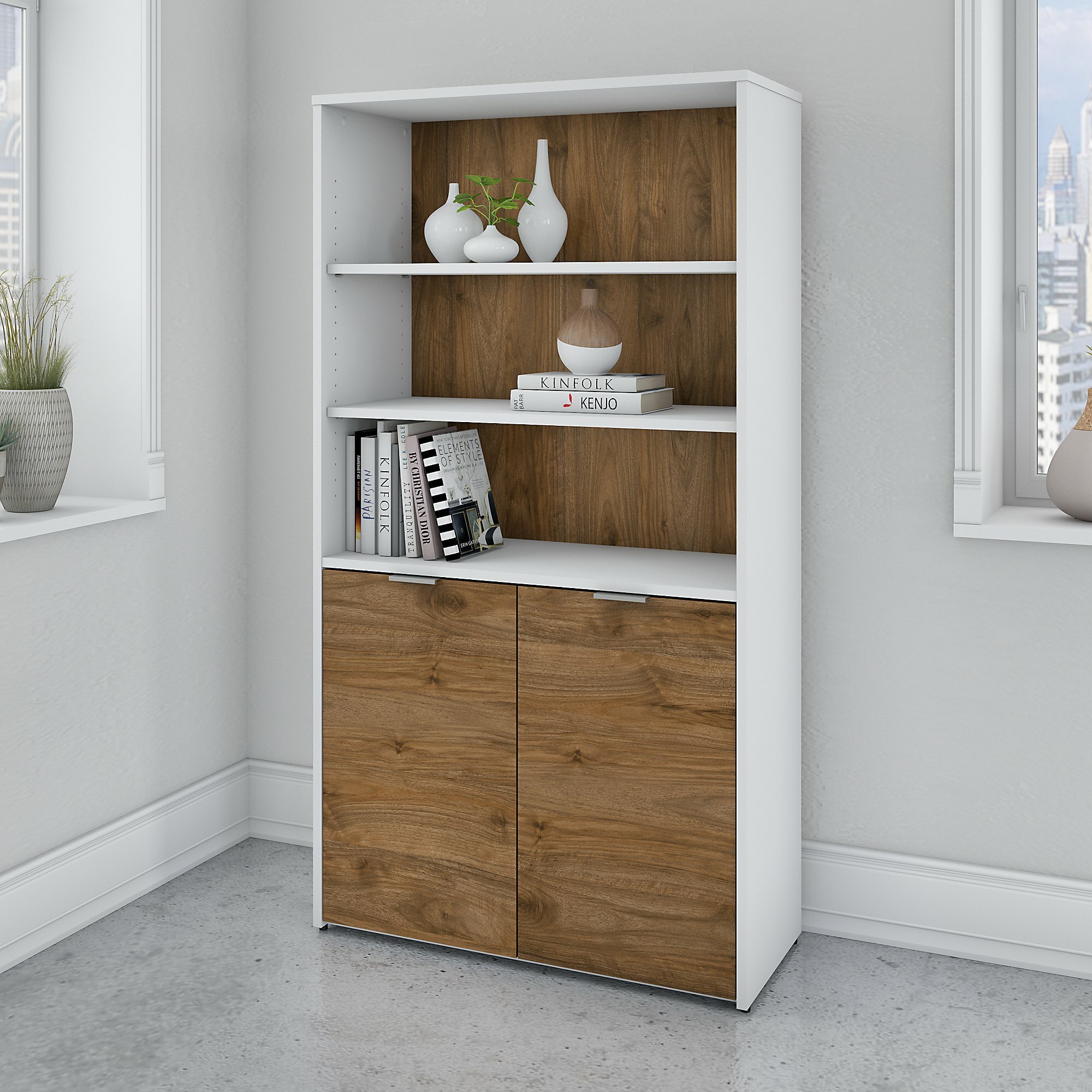 Bush Business Furniture Jamestown 66.12″ H x 35.67″ W Standard Bookcase - Fresh Walnut/White