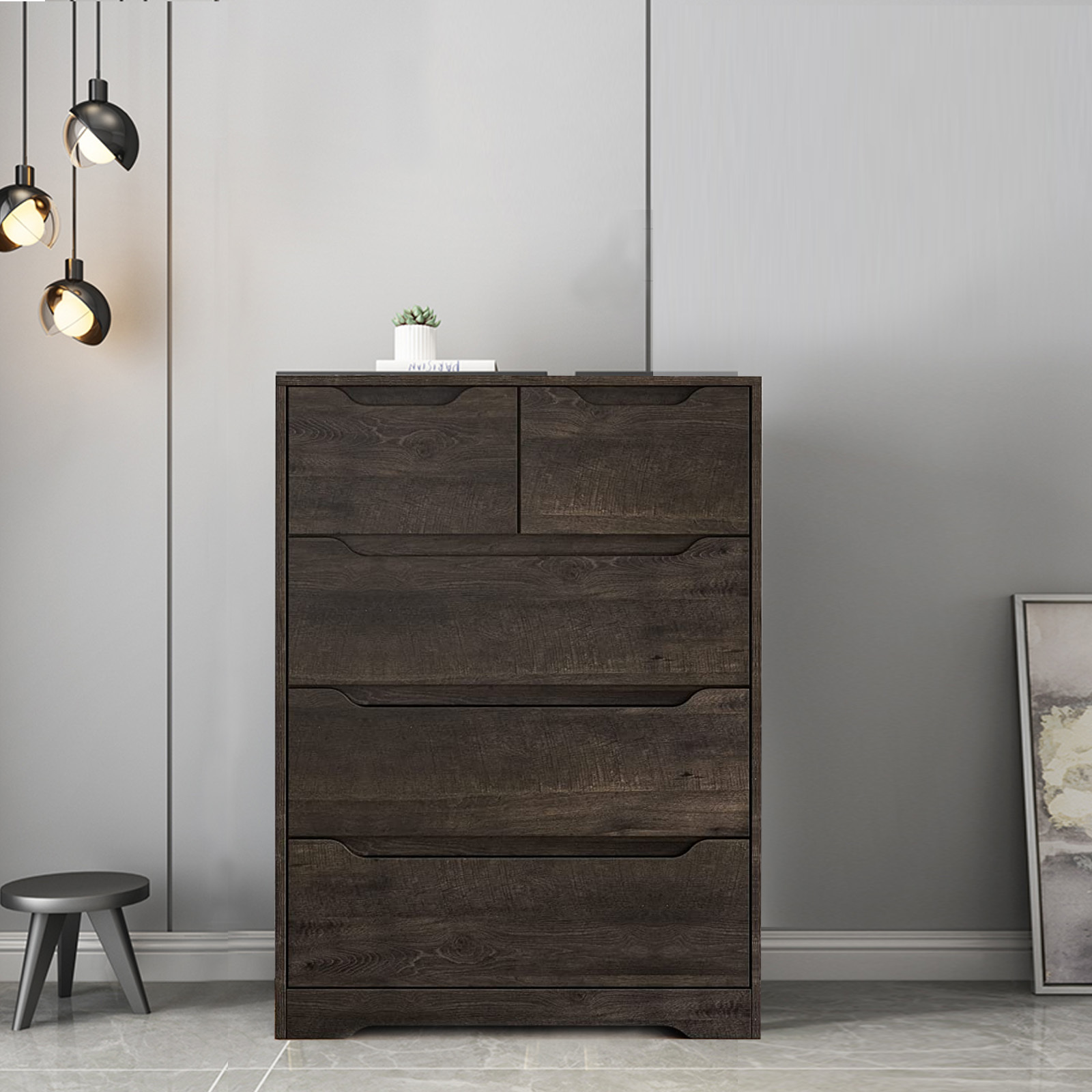 Homfa Dresser for Bedroom. Wood Storage Chest of 5 Drawers with Cutout Handles for Living Room. Dark Brown