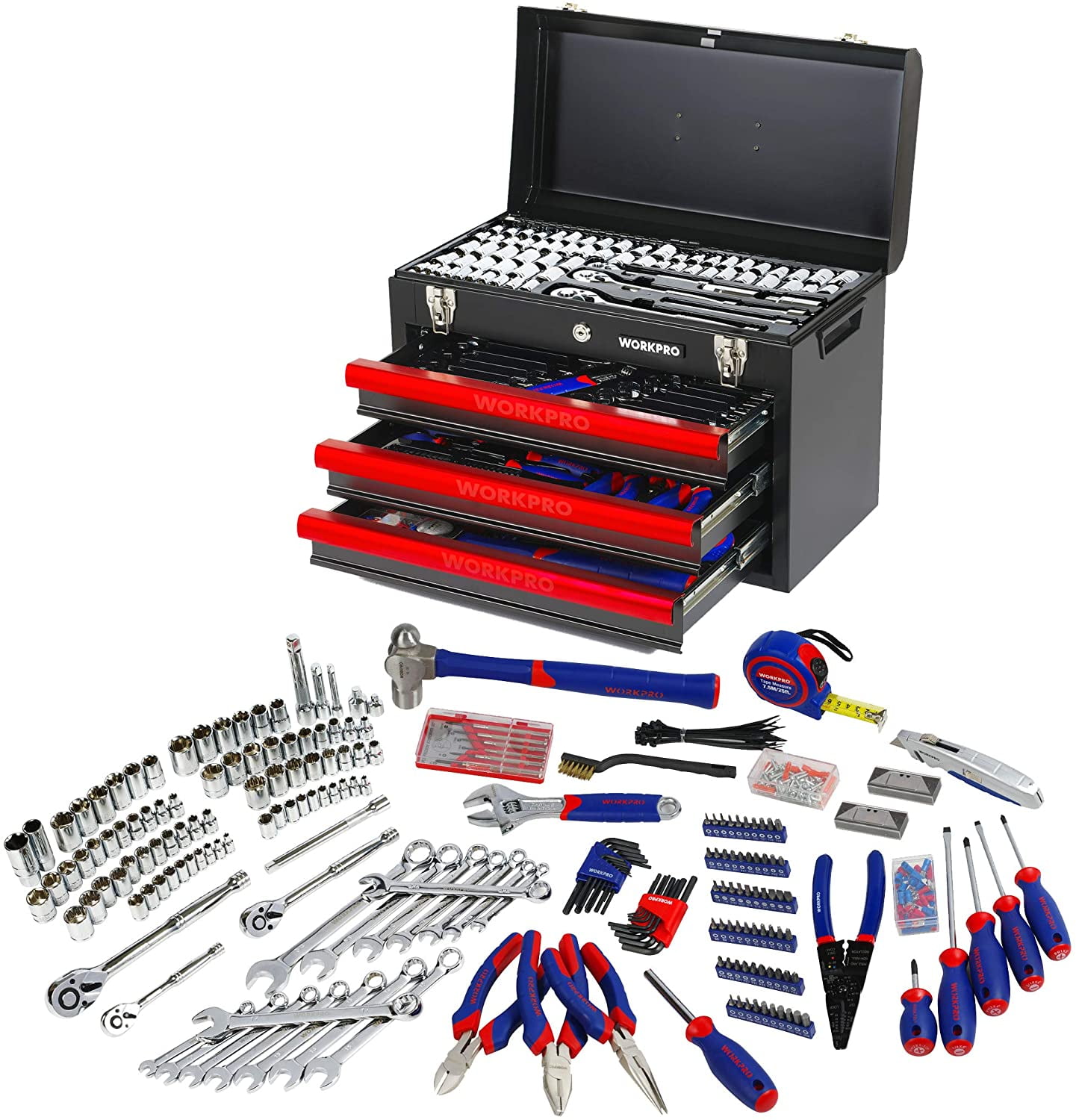 WORKPRO 408-Piece Mechanics Tool Set with 3-Drawer Heavy Duty Metal Box