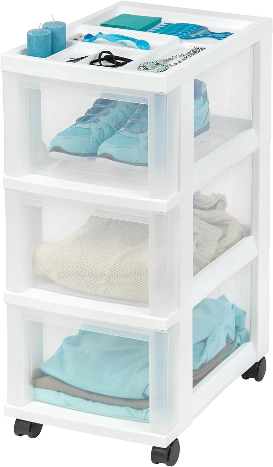 IRIS USA 3-Drawer Storage Cart with Organizer Top with Wheels. Plastic. White