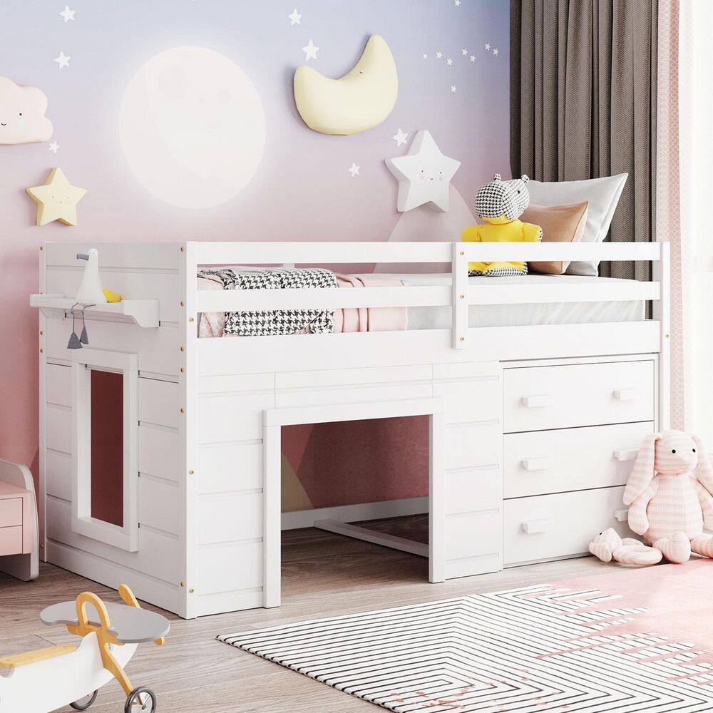 Harper & Bright Designs  White Twin Size Wooden Loft Bed with Cabinet and Shelf