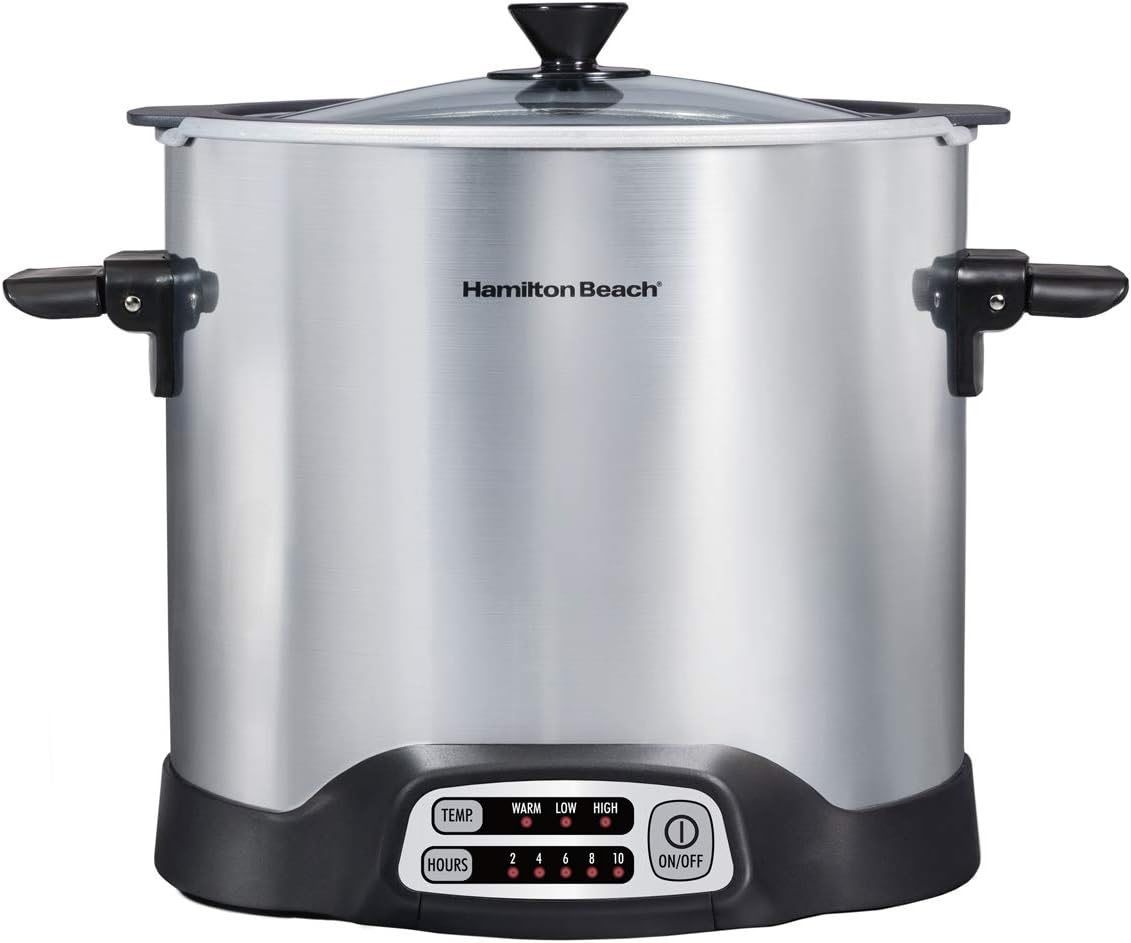 Hamilton Beach Sear & Cook Stock Pot Slow Cooker with Stovetop Safe Crock. Large 10 Quart Capacity. Programmable. Silver (33196)