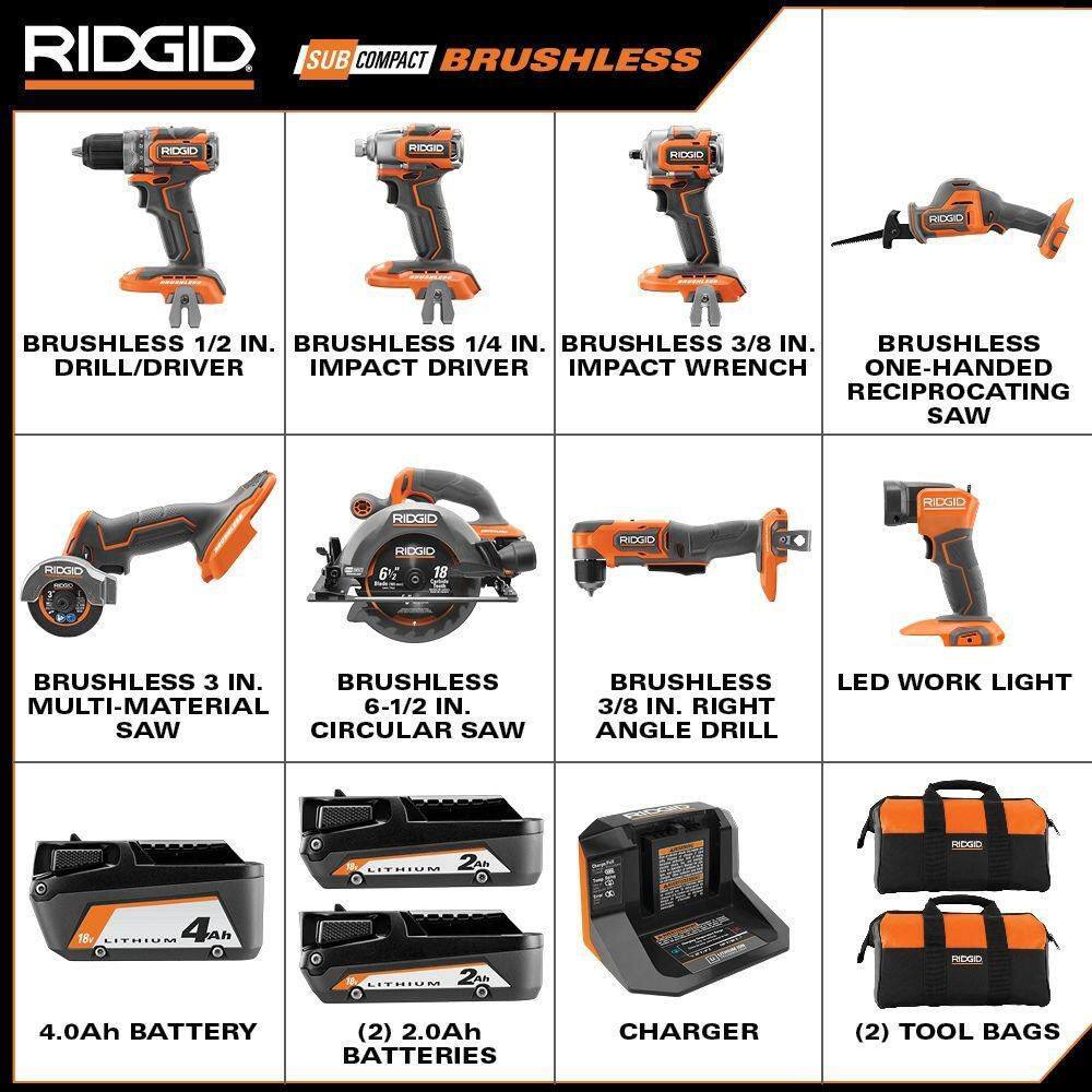 RIDGID R96262N 18V SubCompact Brushless Cordless 8-Tool Combo Kit with (2) 2.0 Ah Batteries. 4.0 Ah Battery. Charger. and Bag