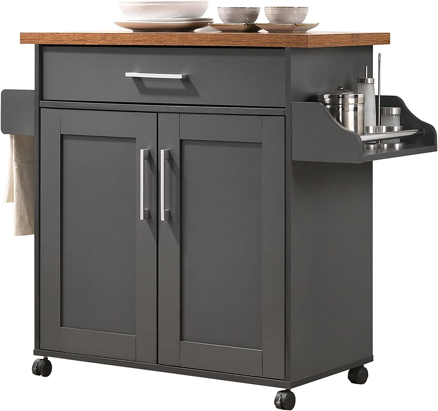 Hodedah Kitchen Island with Spice Rack. Towel Rack & Drawer. Grey with Oak Top