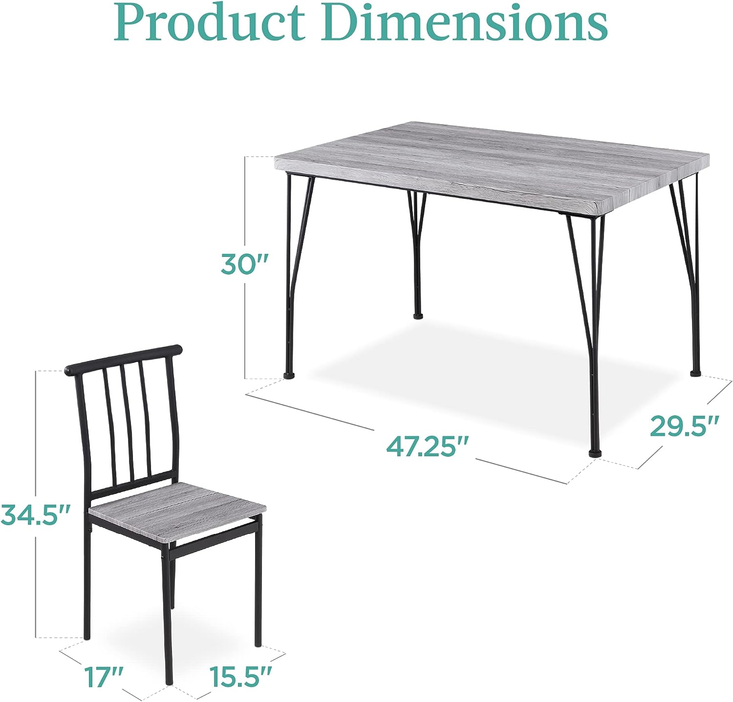 Best Choice Products 5-Piece Metal and Wood Indoor Modern Rectangular Dining Table Furniture Set for Kitchen. Dining Room. Dinette. Breakfast Nook w/ 4 Chairs - Gray