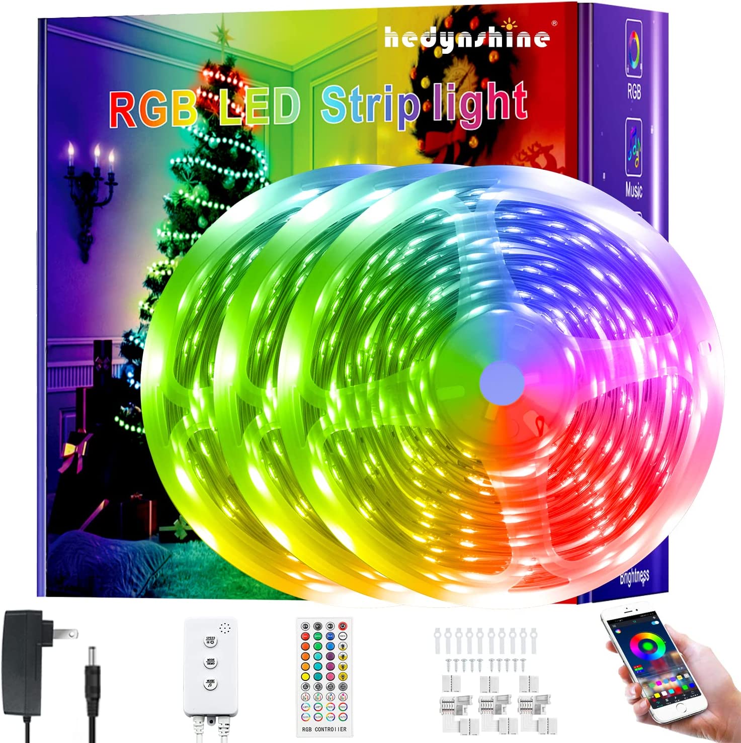 HEDYNSHINE 200ft led Strip Lights. Hedynshine Music Sync Color Changing Strip Lights with 40key Remote Work with APP. Smart led Strip Lights (200ft)