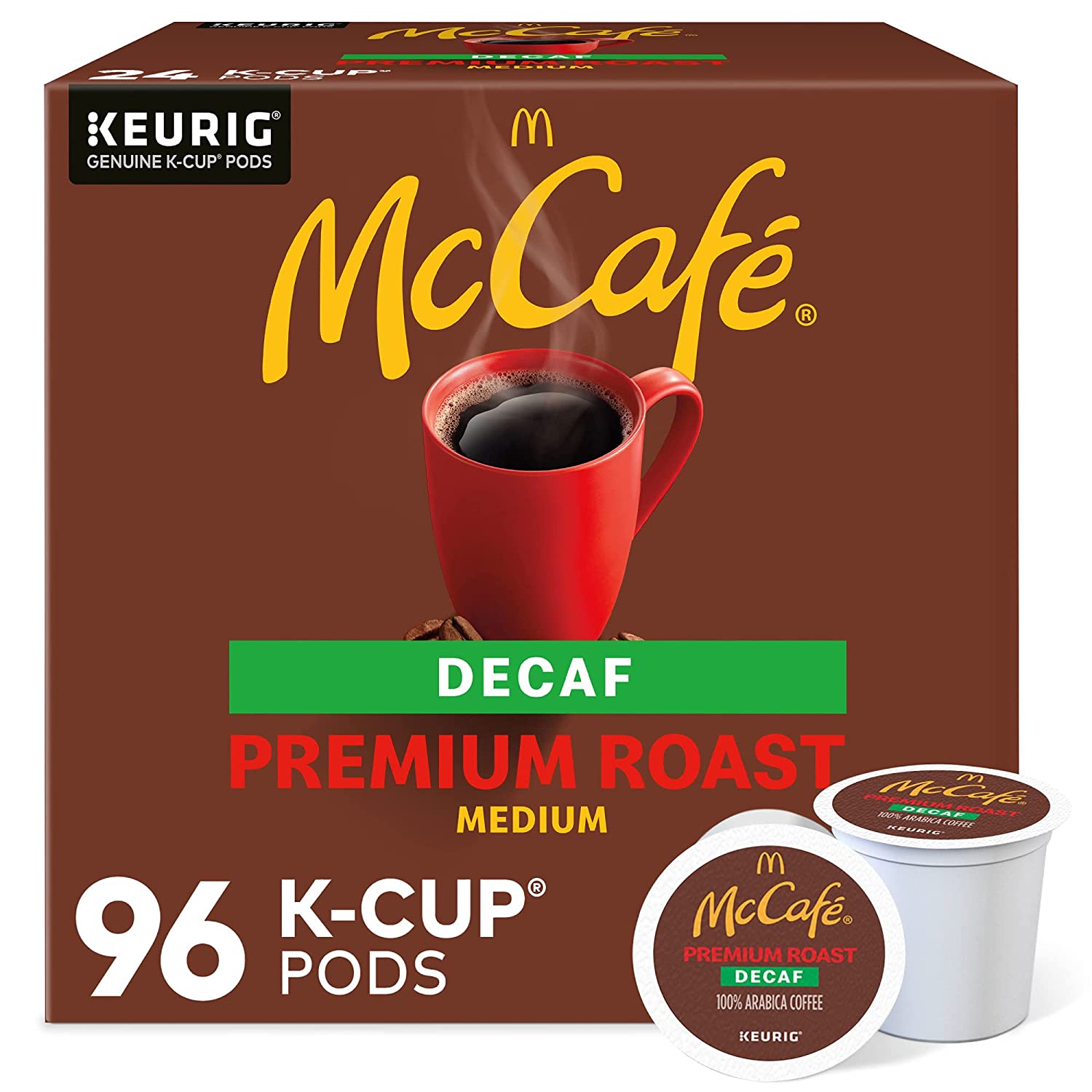 McCafé Premium Roast Decaf. Keurig Single Serve K-Cup Pods. Medium Roast Coffee Pods. 96 Count of pack of 4 of 24 K-Cup Pods each