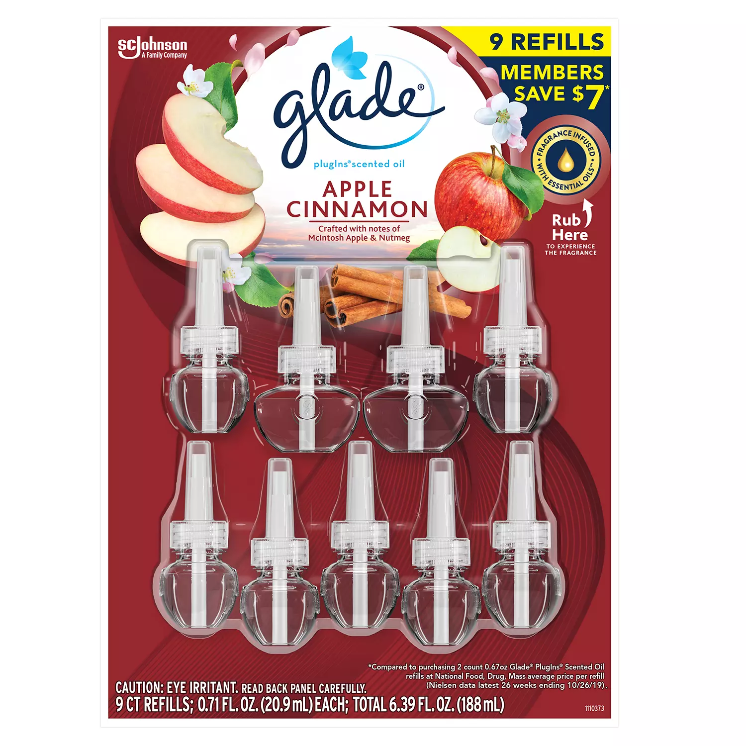Glade PlugIns Scented Oil Refill. Essential Oil Infused Wall Plug in. 6.39 fl. oz. 9 ct. (Apple Cinnamon)