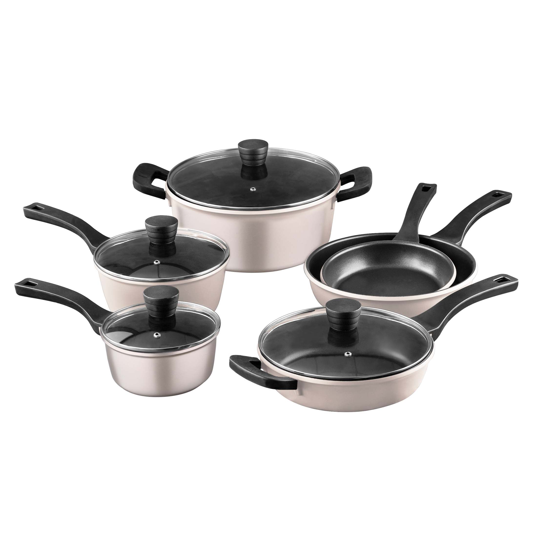 Retro by Bergner - 10 Pc Non Stick Cast Aluminum Pots and Pans Cookware Set. 10 Pieces. Champagne