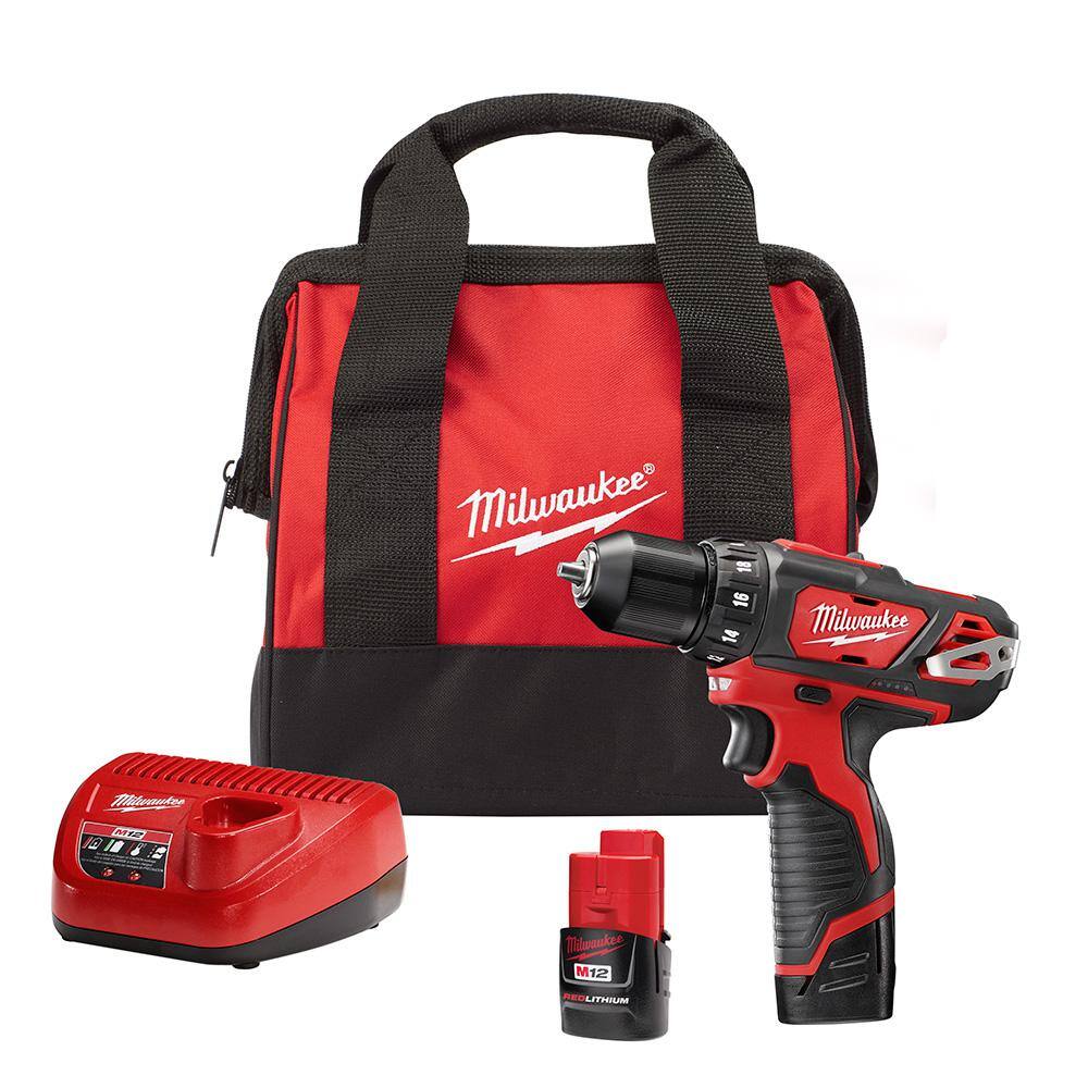 Milwaukee 2407-22 M12 12V Lithium-Ion Cordless 3/8 in. Drill/Driver Kit with Two 1.5 Ah Batteries. Charger and Tool Bag