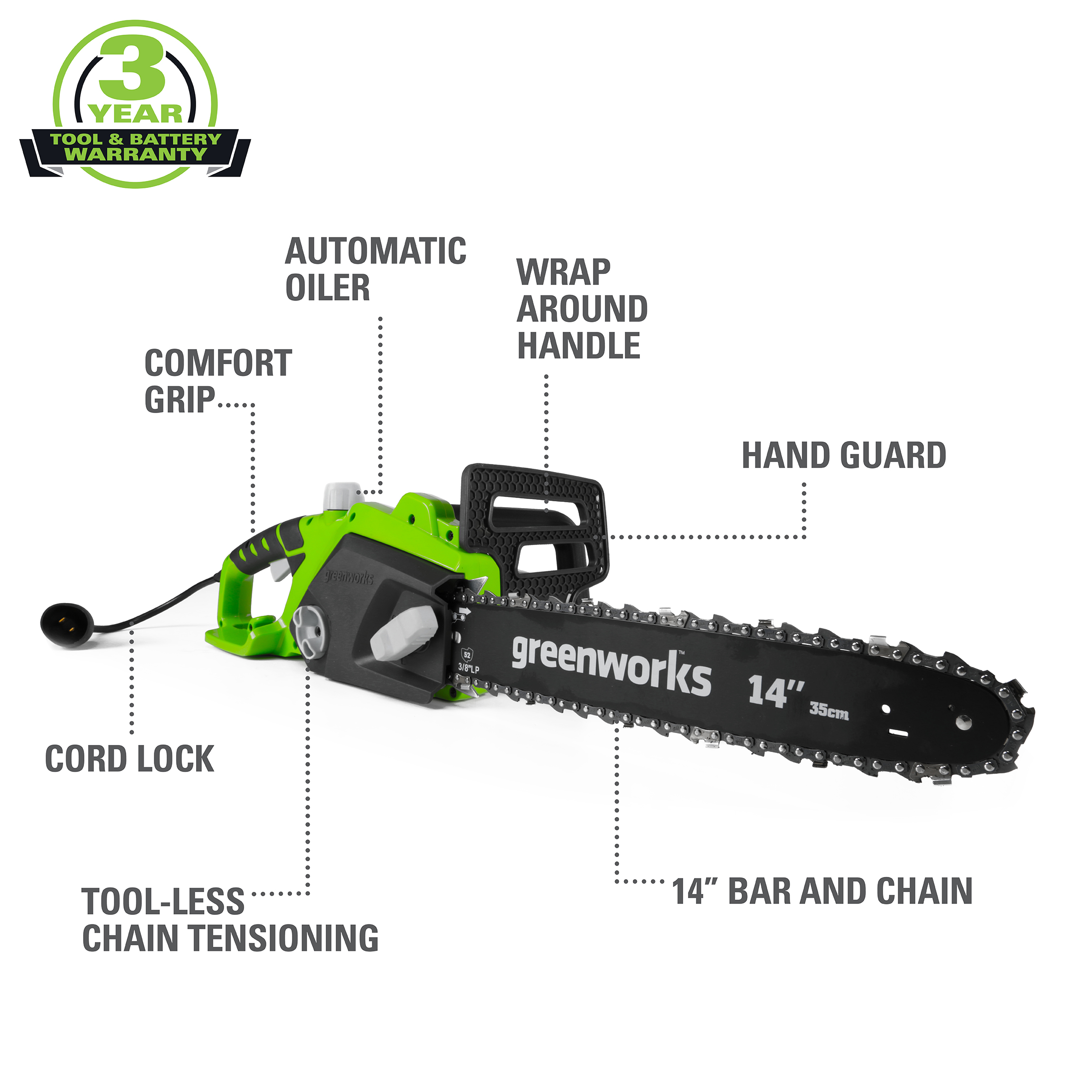 Greenworks 105 Amp 14-inch Corded Electric Chainsaw. 20222