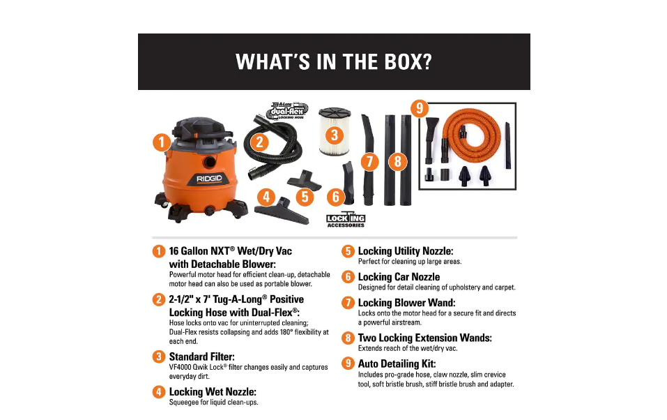 RIDGID HD1600C 16 Gal. 6.5-Peak HP NXT Wet/Dry Shop Vacuum with Detachable Blower. Filter. Hose. Accessories and Car Cleaning Kit