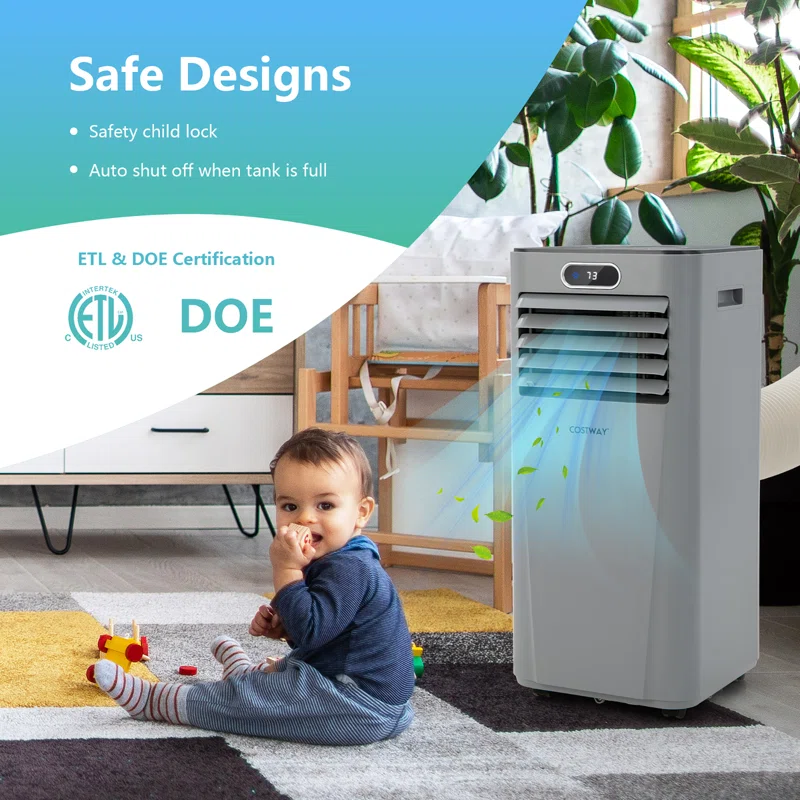 Costway FP10120US-GR 10000 BTU(ASHRAE) 7000 BTU(DOE) Portable Air Conditioner Cools Sq. Ft. with Dehumidifier Fan Mode Remote Control in Gray