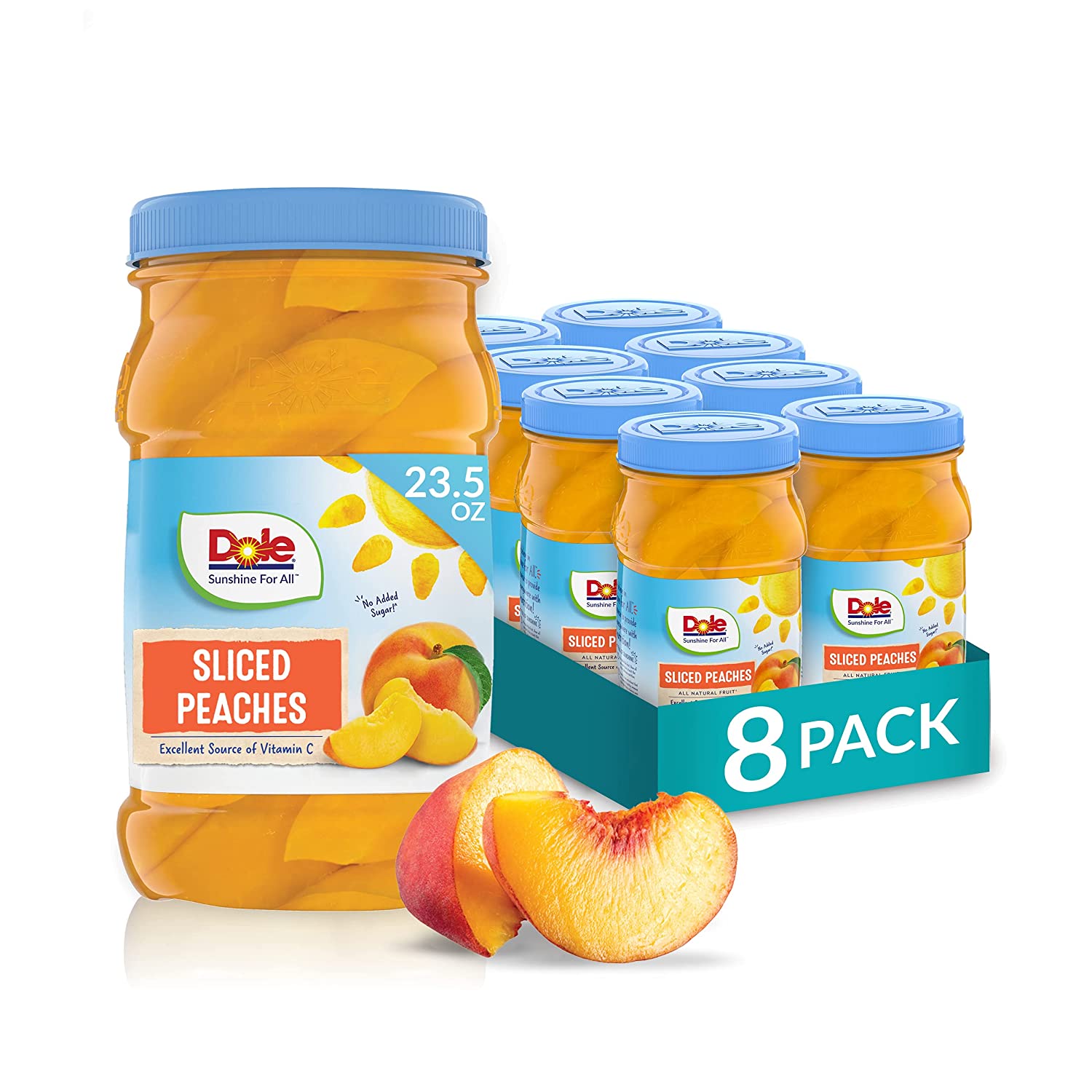 Dole Yellow Cling Sliced Peaches in 100% Fruit Juice. 23.5 Oz Resealable Jars. 8 Count