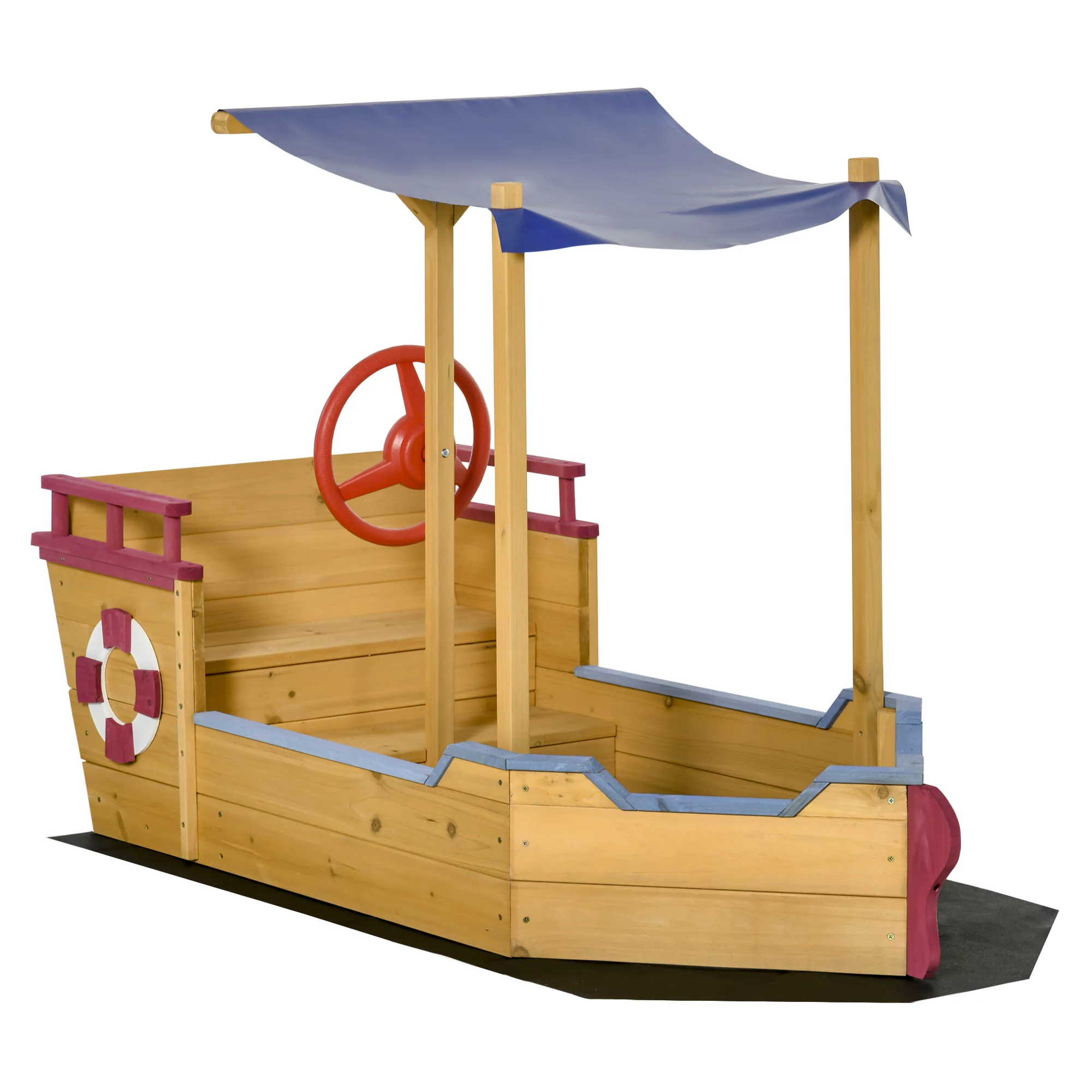 Outsunny Kids Wooden Sandbox Play Station. Covered Children Sand boat Outdoor. for Backyard. w/ Canopy Shade. Storage Bench. Bottom Liner. Aged 3-8 Years Old. Orange