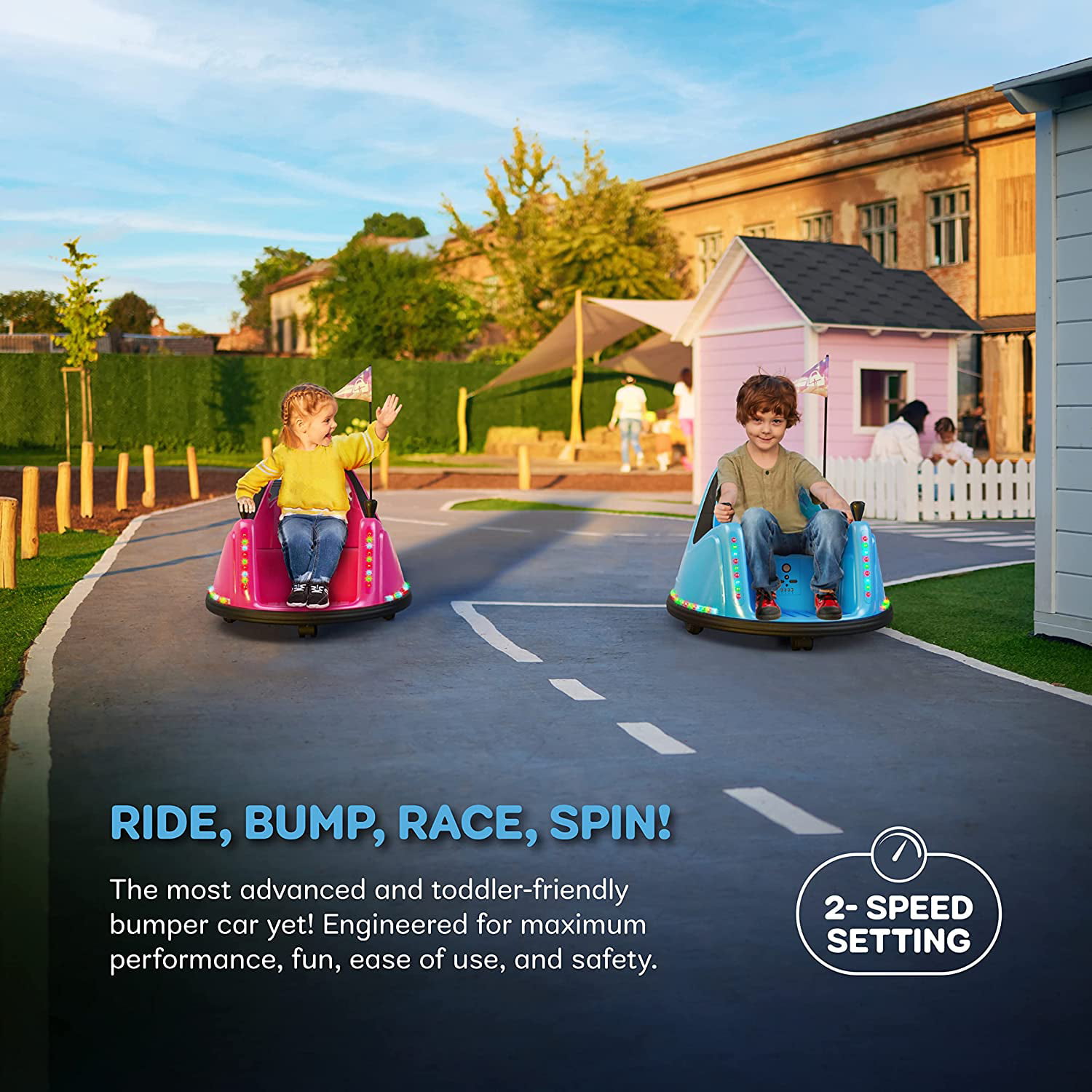 Bumper Buddy - Blue 12V 2-Speed Ride on Electric Bumper Car for Kids & Toddlers. Boys & Girls Remote Control. Baby Toy Gifts Cars Toys for 18 Months Toddler-5 Year Old Kid