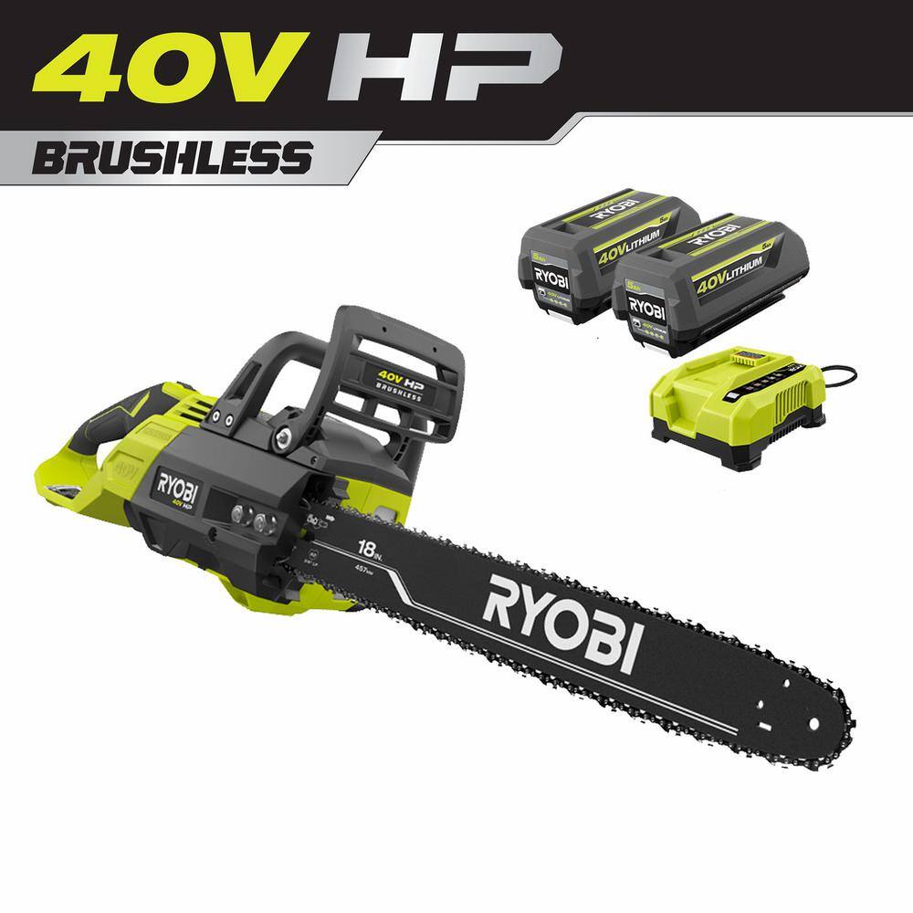 RYOBI RY40580-2B 40V HP Brushless 18 in. Electric Battery Chainsaw with (2) 5 Ah. Batteries and Charger
