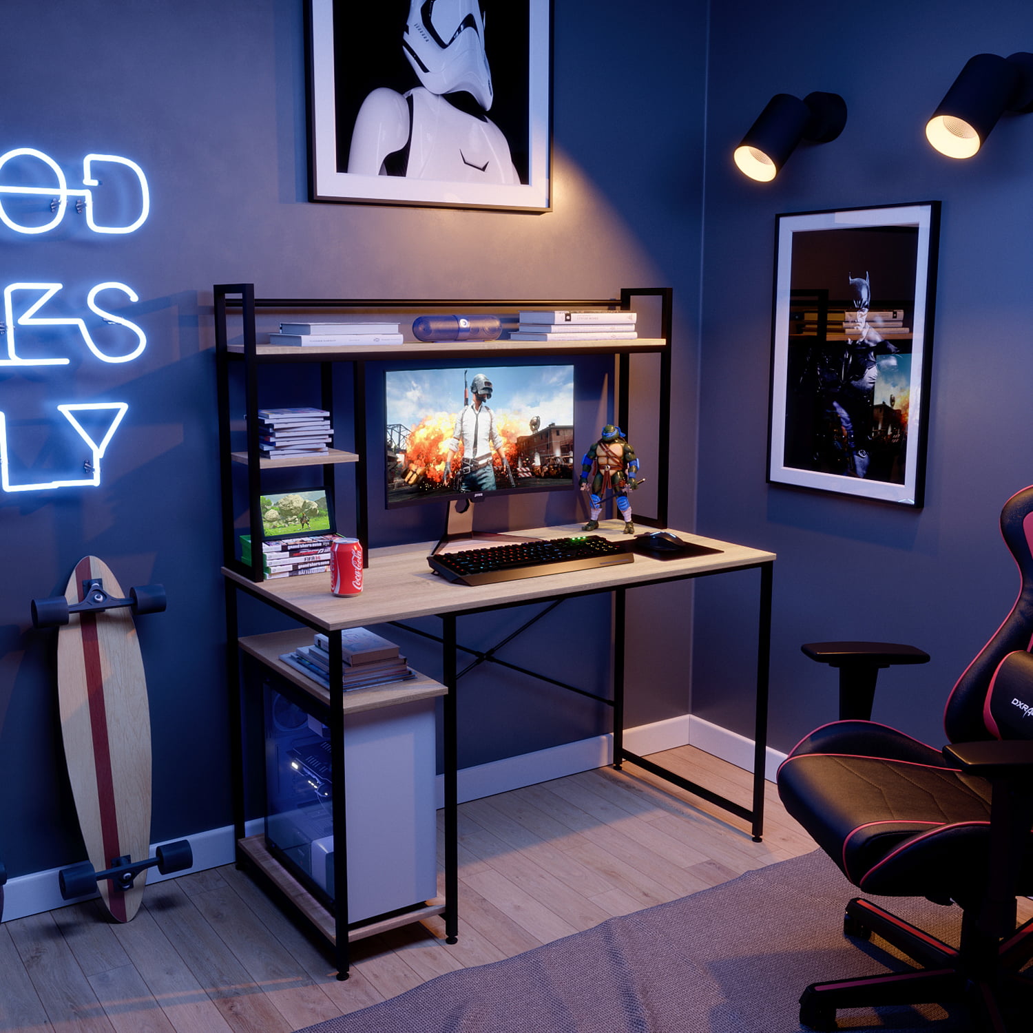 Bestier 47 Inch Computer Desk with Hutch and Shelves Adjustable Storage Bookshelf in Oak