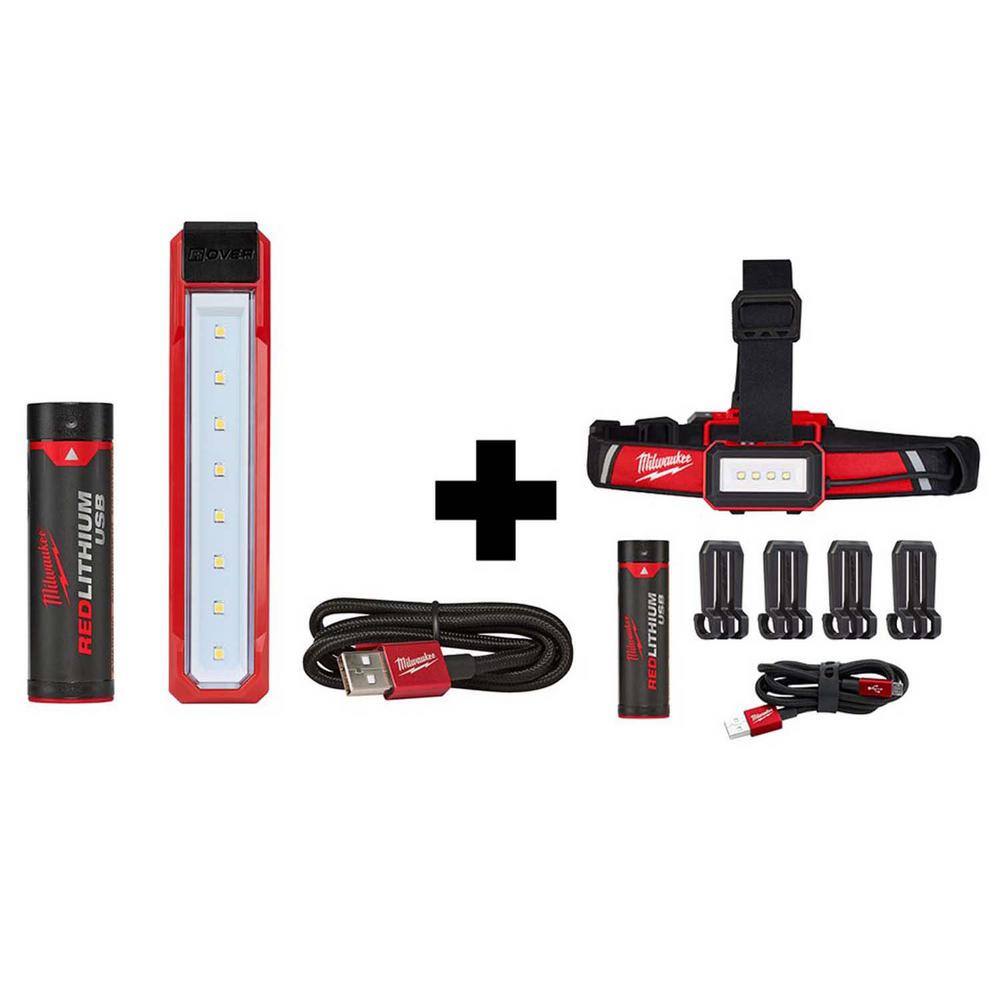 Milwaukee 2112-21-2115-21 445 Lumens LED REDLITHIUM USB Rover Pocket Flood Light & 600 Lumens LED USB Low-Profile Hard Hat Headlamp (2-Pack)
