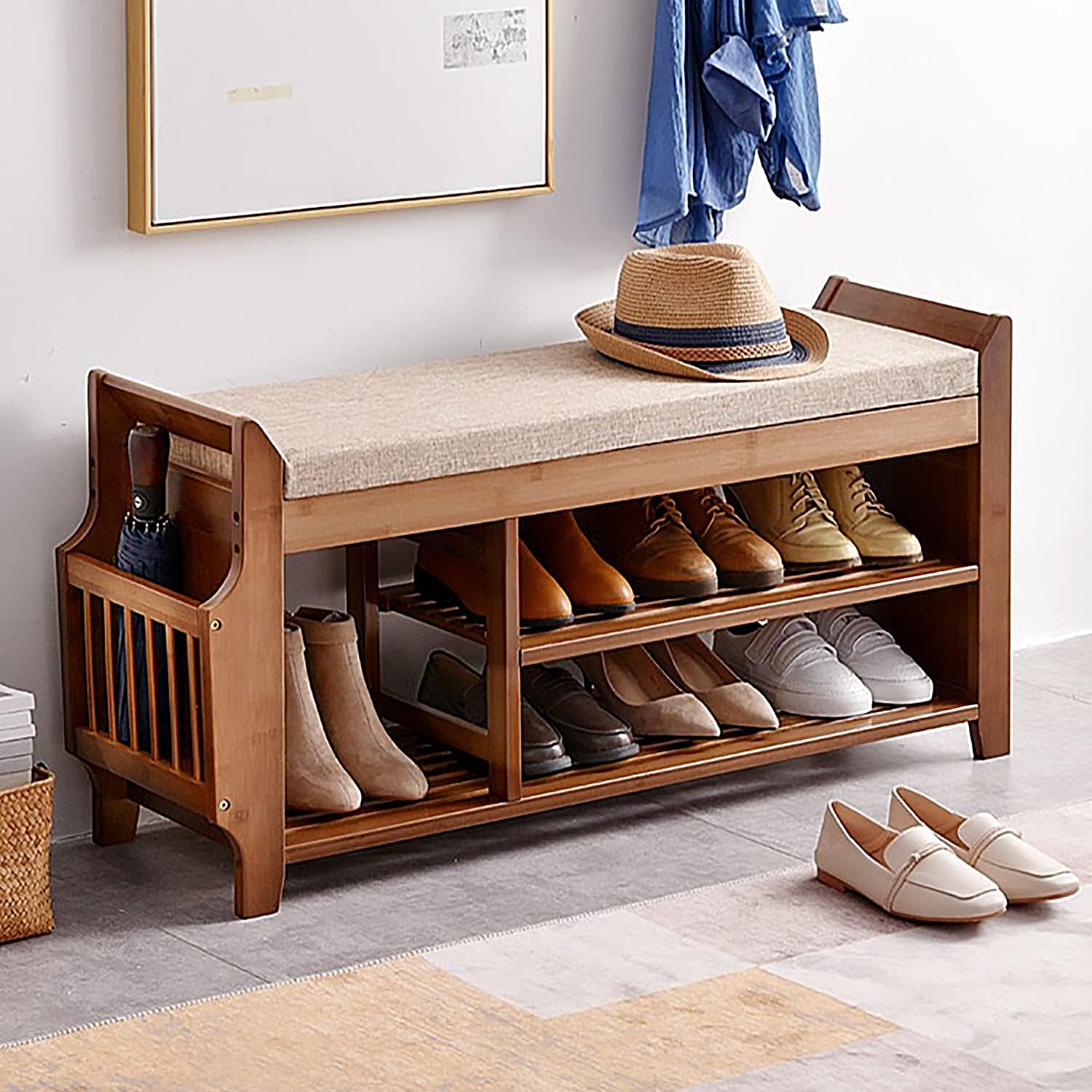 PETKABOO 2 Tier Shoe Bench. Shoe Rack with Hidden Drawer and Side Holder. Shoe Storage Bench Organizer for Entryway Hallway Living Room. Bamboo Material