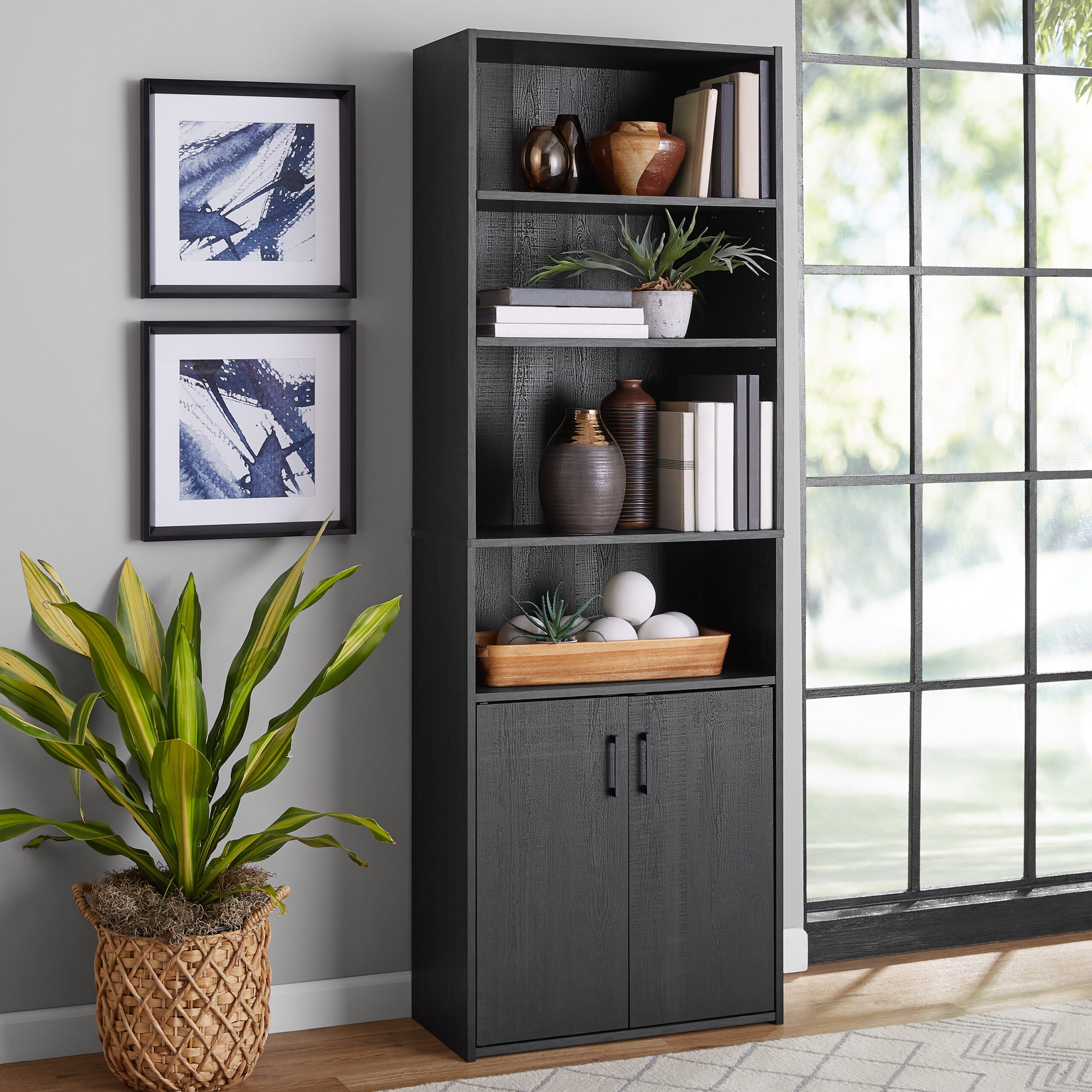 Mainstays Traditional 5 Shelf Bookcase With Doors. Black