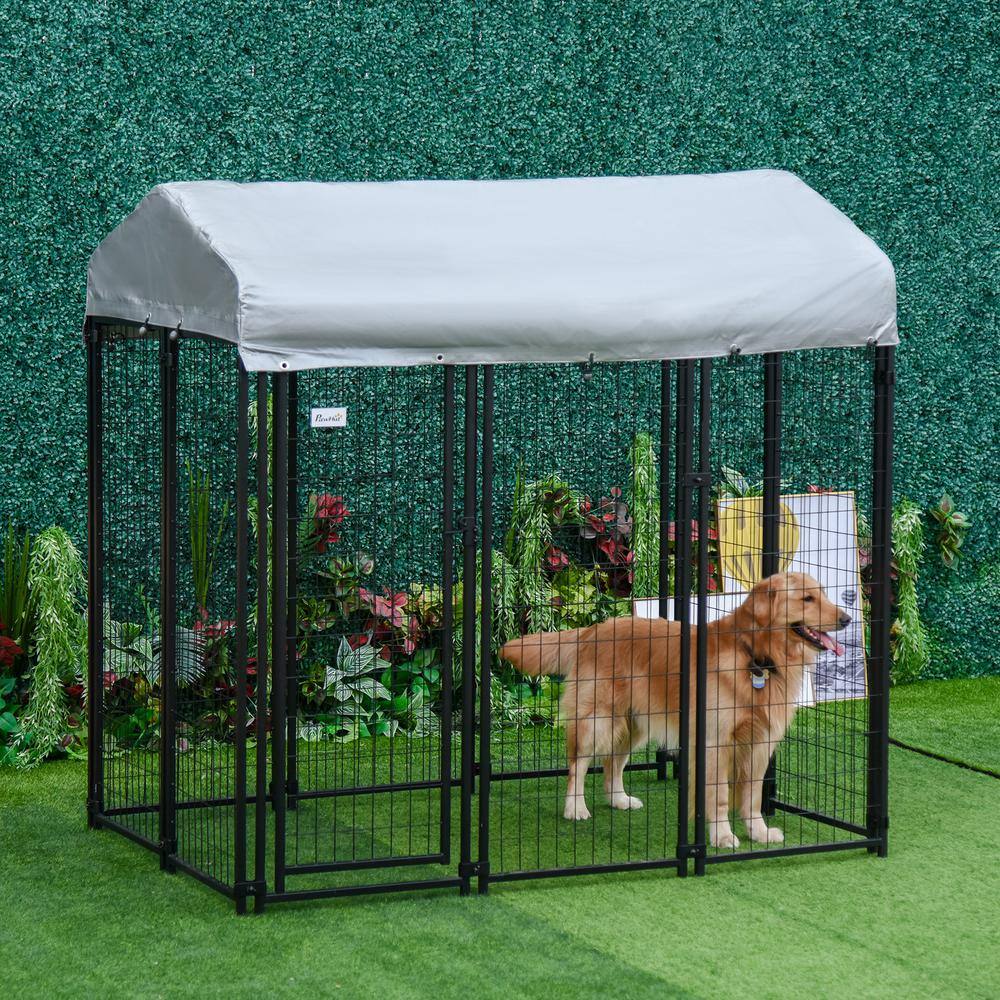 PawHut D02-011V02 Black Steel 6 ft.  x 4 ft.  x 6 ft.  0.0005 -Acre In-Ground Dog Fence Dog Kennel Outdoor Steel Fence with Canopy