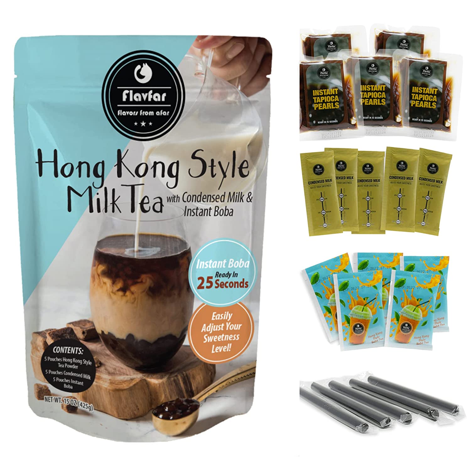 Flavfar Hong Kong Style Milk Tea with Instant Tapioca Pearls - Authentic Yuenyeung Milk Bubble Tea Kit with Low Calorie. Brown Sugar Boba & Sweetened Condensed Milk - All Natural & Made in Taiwan - 5 Pack (Hong Kong Milk Tea)