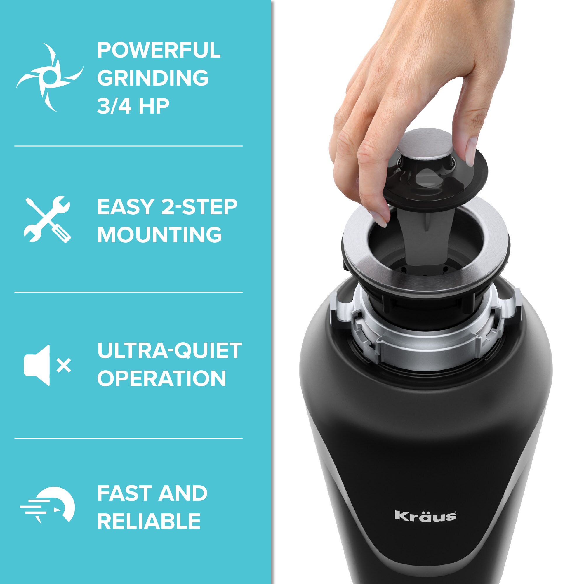 Kraus KWD100-75MBL WasteGuard Corded 3/4-HP Continuous Feed Noise Insulation Garbage Disposal