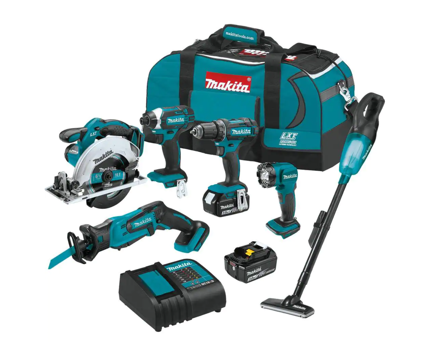 Makita XT614SX1 18V Lithium-Ion Cordless 6-Piece Kit (Drill-Driver/ Impact Driver/ Circular Saw/ Recipro Saw/ Vacuum/ Light) 3.0Ah