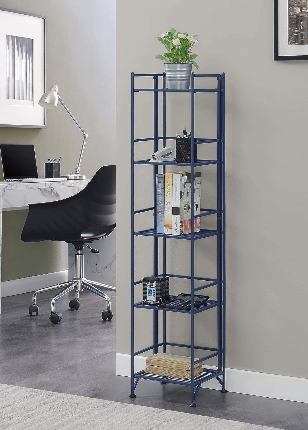 Convenience Concepts Xtra Storage Shelves - 5-Tier Folding Metal Shelving. Modern Shelves for Storage and Display in Living Room. Bathroom. Office. Kitchen. Garage. Cobalt Blue