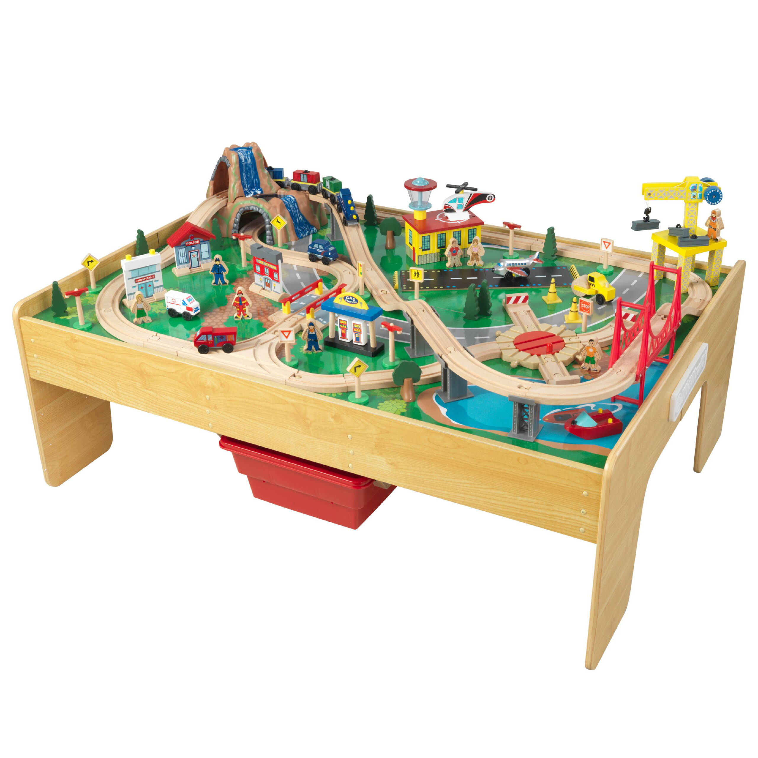 KidKraft Adventure Town Railway Wooden Train Set & Table. 120 Accessories and Storage Bins
