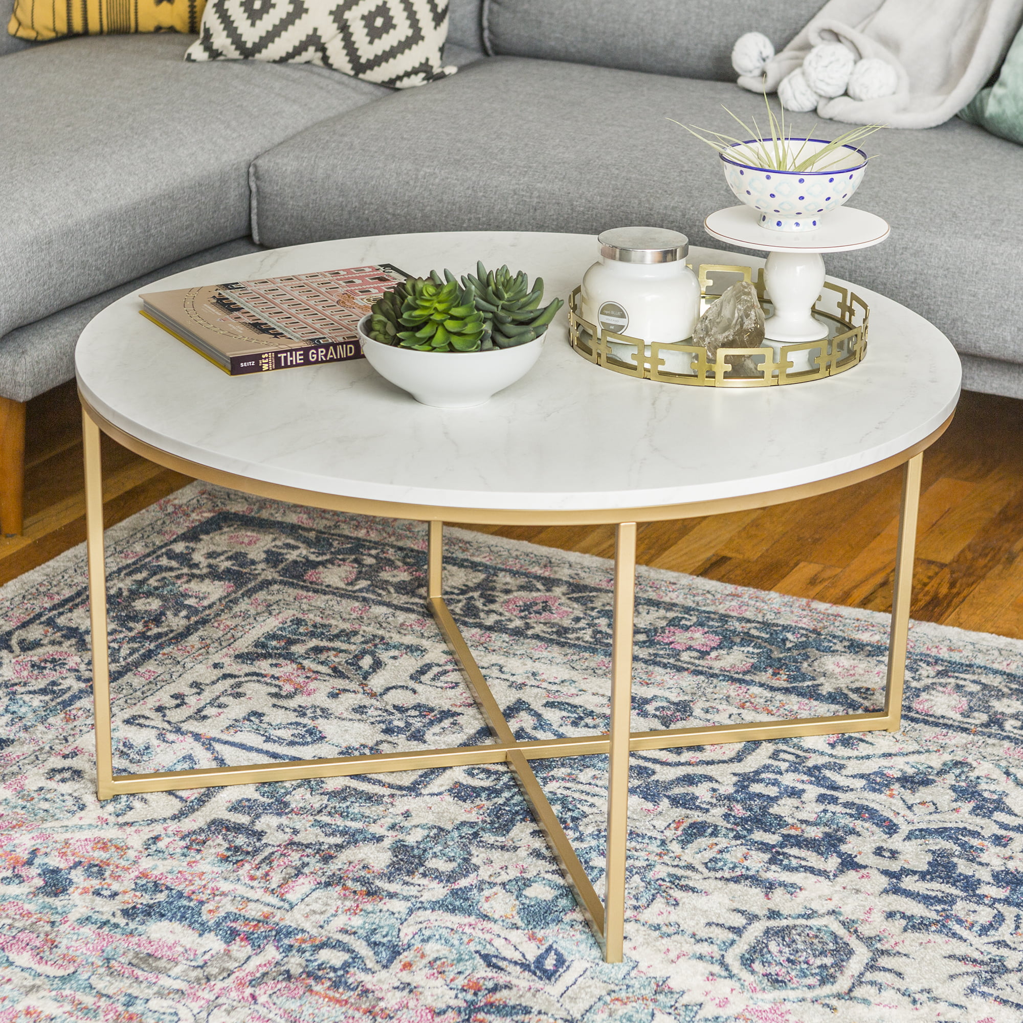 Ember Interiors Modern Round Coffee Table. Faux White Marble/Gold