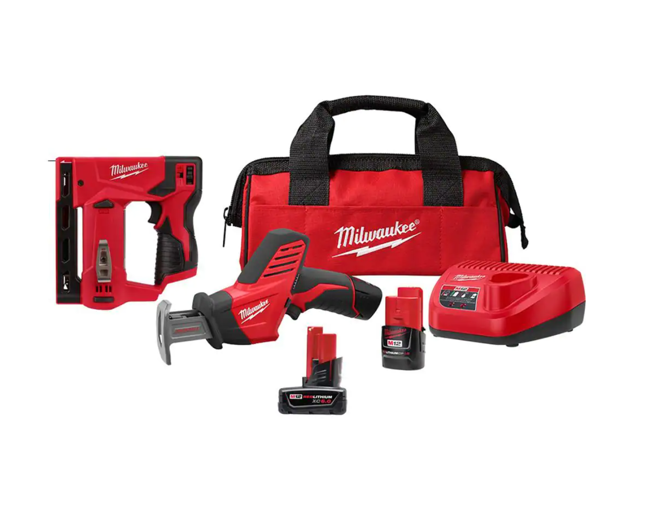 Milwaukee 2420-21-2447-20-48-11-2460 M12 12V Lithium-Ion HACKZALL Cordless Reciprocating Saw Kit with M12 3/8 in. Crown Stapler and 6.0Ah XC Battery Pack