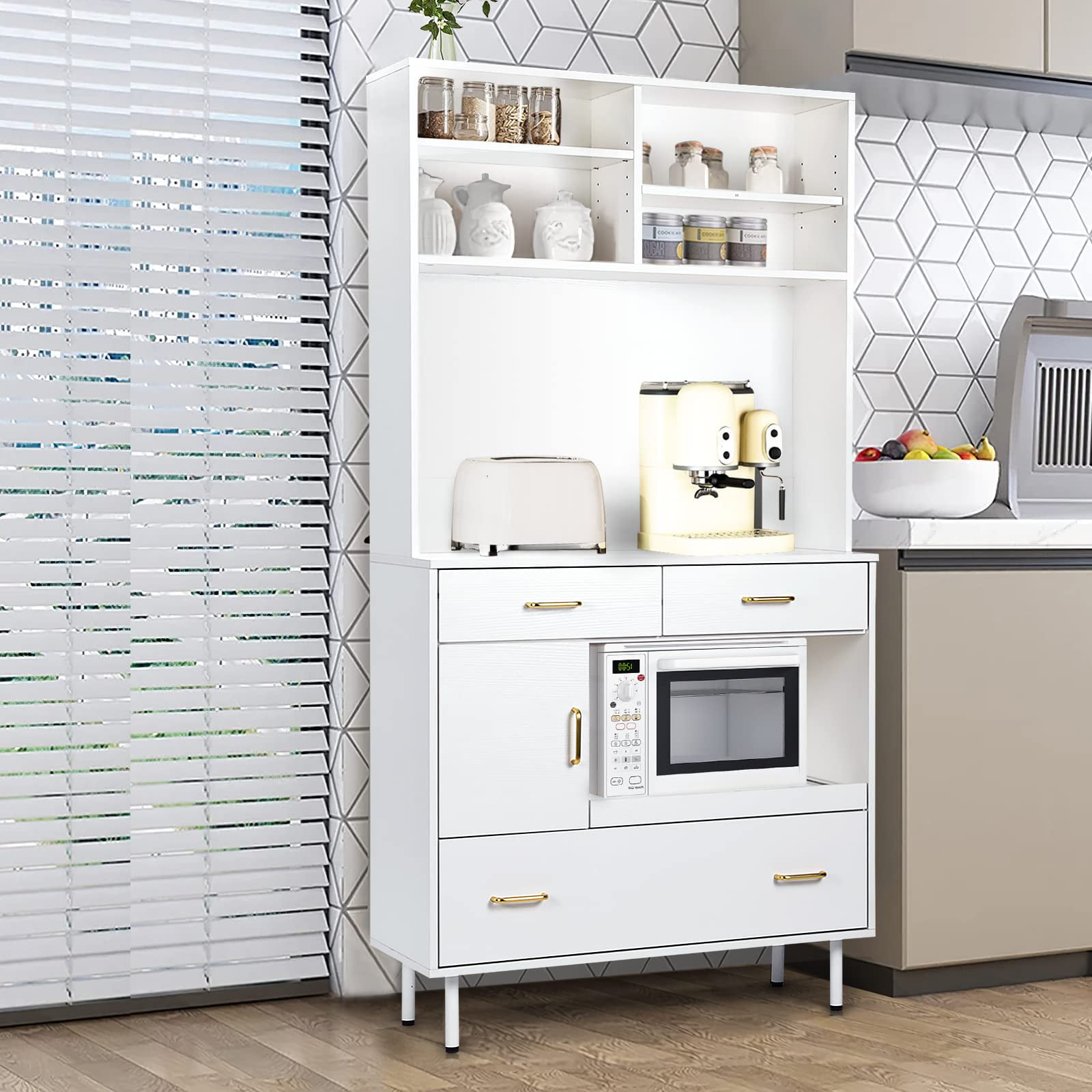 SMOOL Kitchen Pantry Storage Cabinet. 71” Freestanding Kitchen Storage Cabinets with 3 Drawers. White