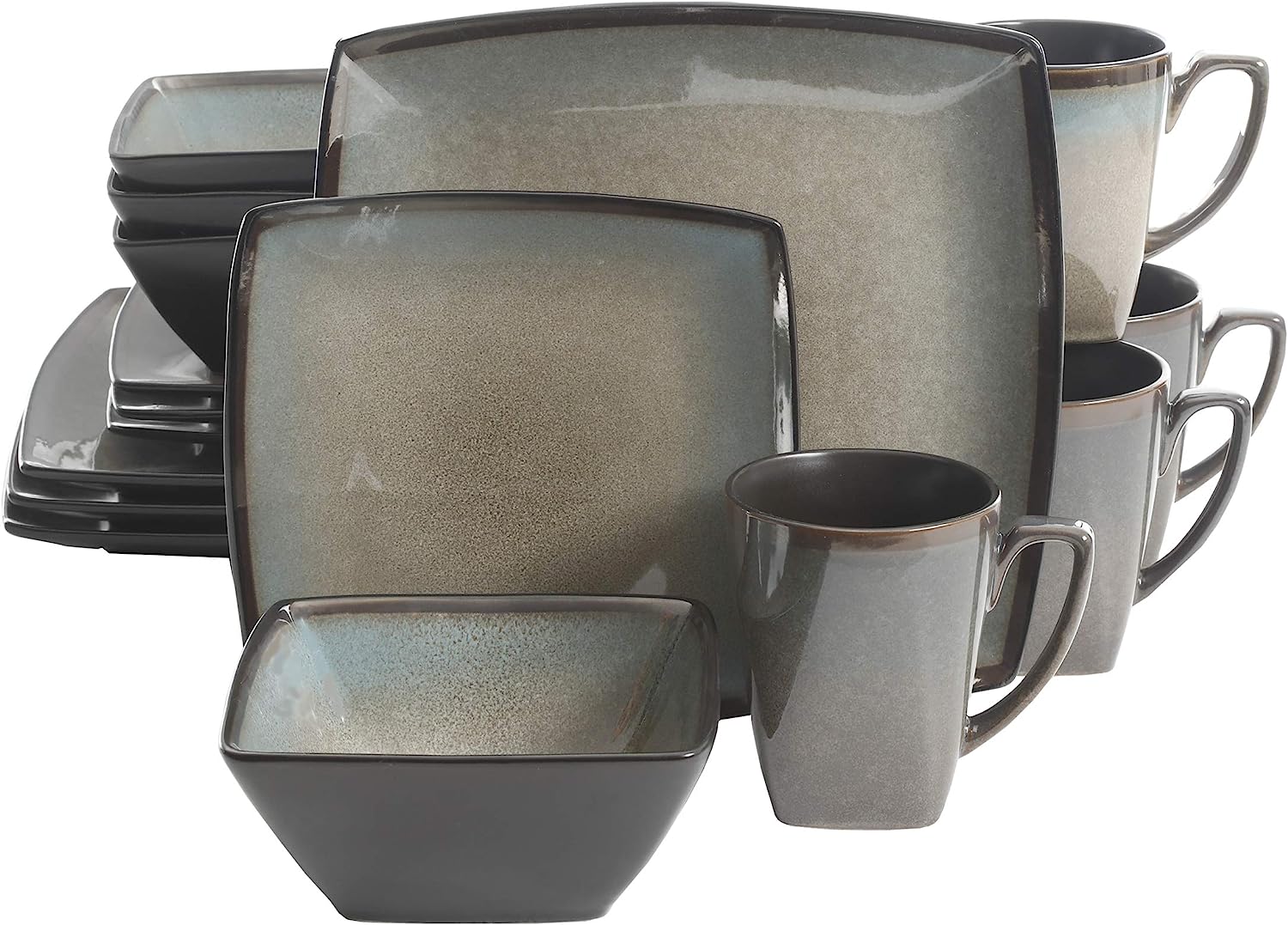 Gibson Elite Tequesta Square Reactive Glaze Stoneware Dinnerware Set. Service for 4 (16pcs). Taupe