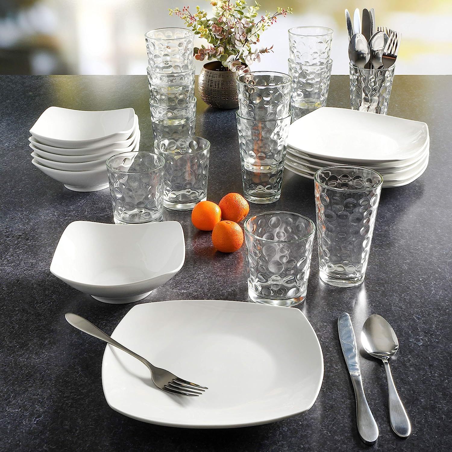 Gibson Home Zen Buffet Square 42 Piece Combo Porcelain Dinnerware. Glassware. Silverware Set. White (Square) (138423.42R)