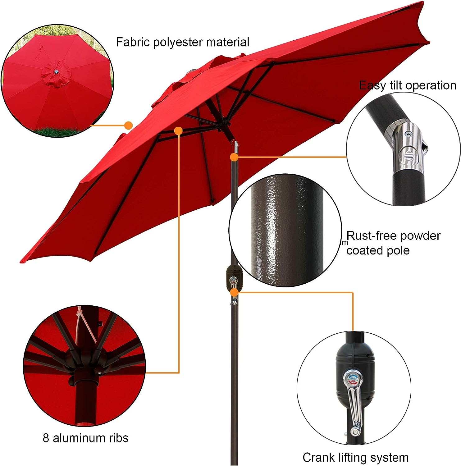 Blissun 9ft Patio Umbrella. Manual Push Button Tilt and Crank Garden Parasol (Red)