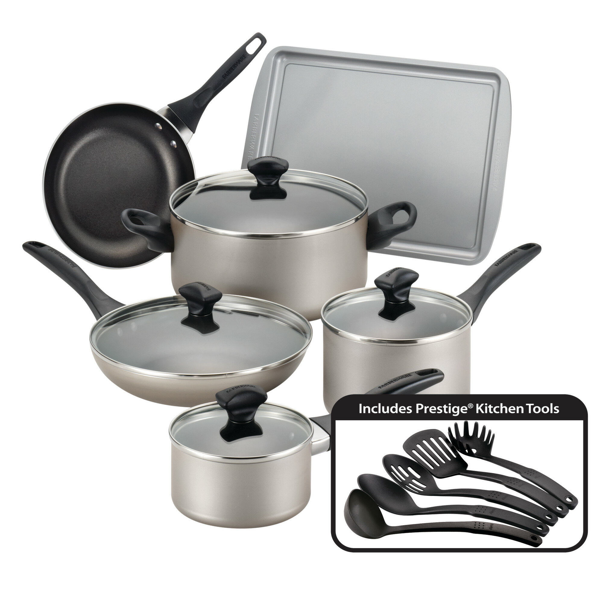 Farberware Dishwasher Safe Aluminum Nonstick Cookware Set. 15-Piece - Black