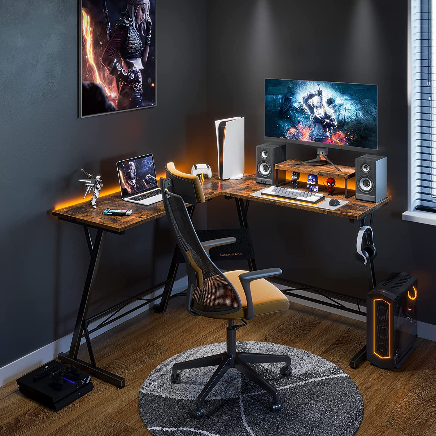 51″ Gaming Desk L Shaped Computer Desk. Corner Desk for Home Office with Monitor Stand. Vintage