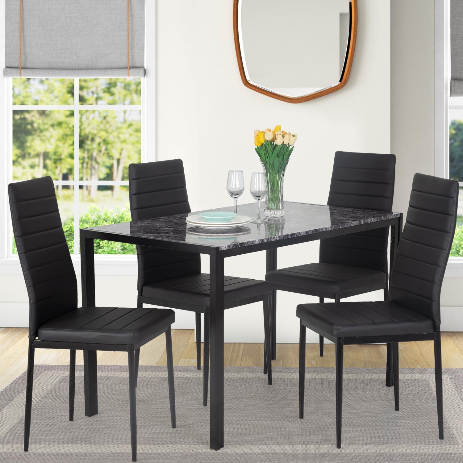 FDW 5 Piece Table and Chairs Dining Table Set Kitchen Table for Small Spaces Dinning Room Marble Grain (Black)