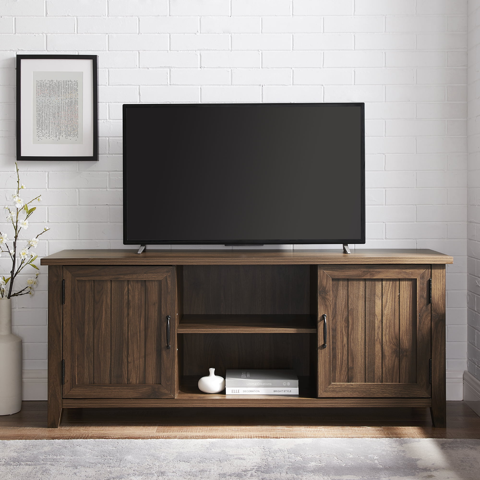 Woven Paths Franklin Grooved 2-Door TV Stand for TVs up to 65″. Dark Walnut