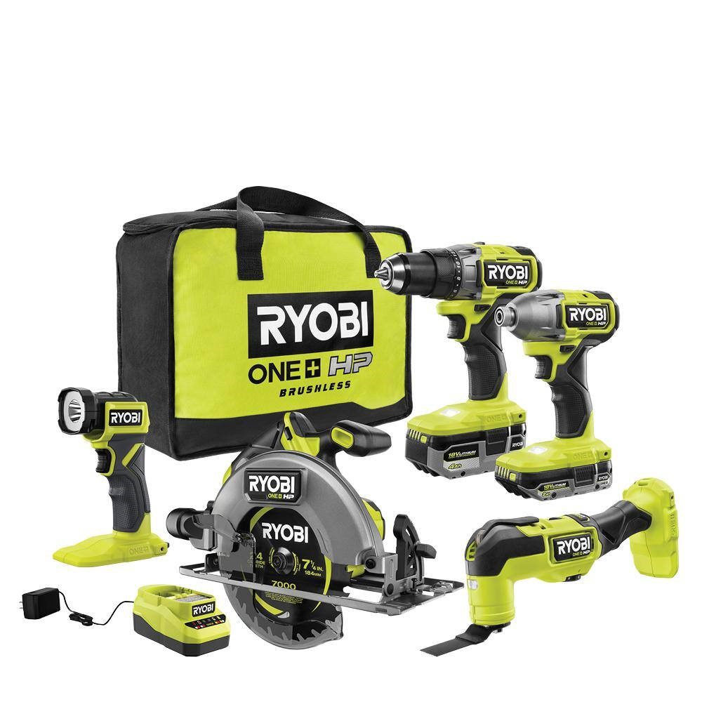 RYOBI PBLCK105K2 ONE+ HP 18V Brushless Cordless 5-Tool Combo Kit with 4.0 Ah and 2.0 Ah HIGH PERFORMANCE Batteries. Charger. and Bag
