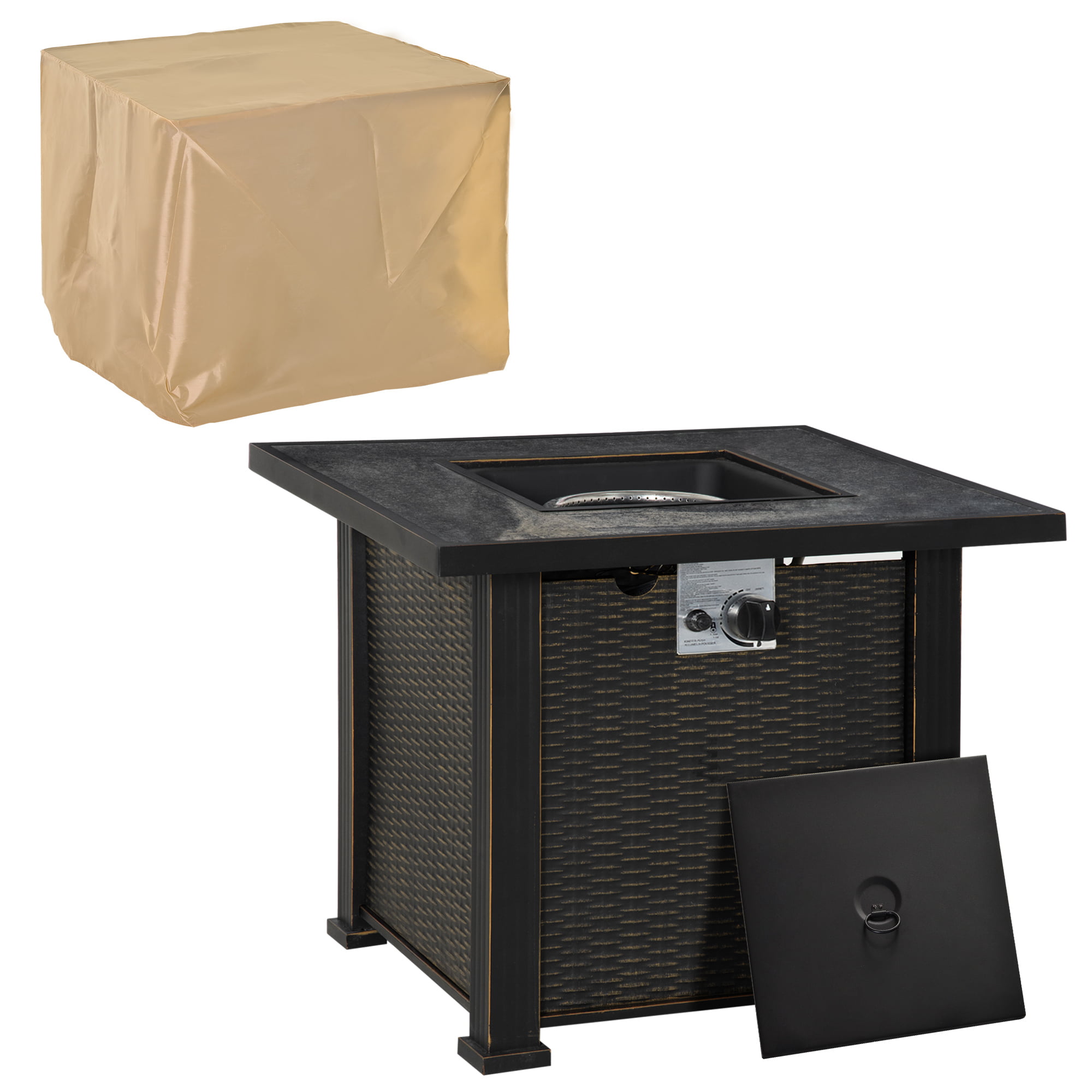 Outsunny 30 Inch Outdoor Propane Gas Fire Pit Table. 50.000 BTU Auto-Ignition Square Wicker-effect Gas Firepit. CSA Certification