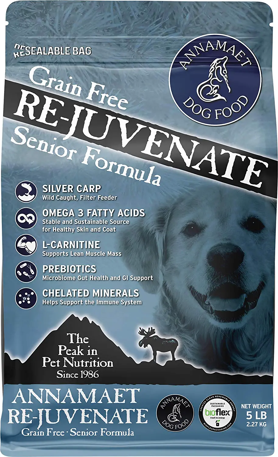 Annamaet Grain-Free Re-Juvenate Senior Formula Dry Dog Food (Fresh Silver Carp & Turkey) 5-lb Bag. Brown
