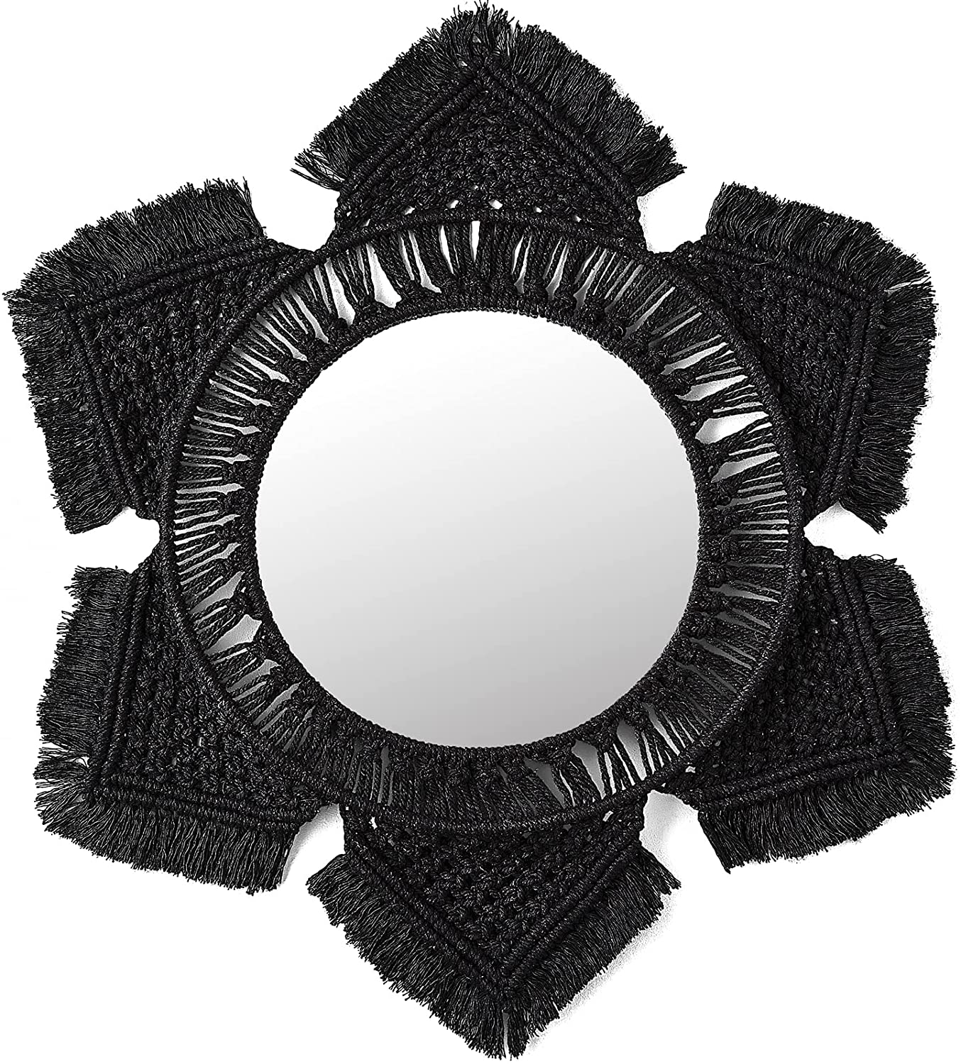 Mkono Hanging Wall Mirror with Macrame Fringe Round Boho Mirror Art Decor